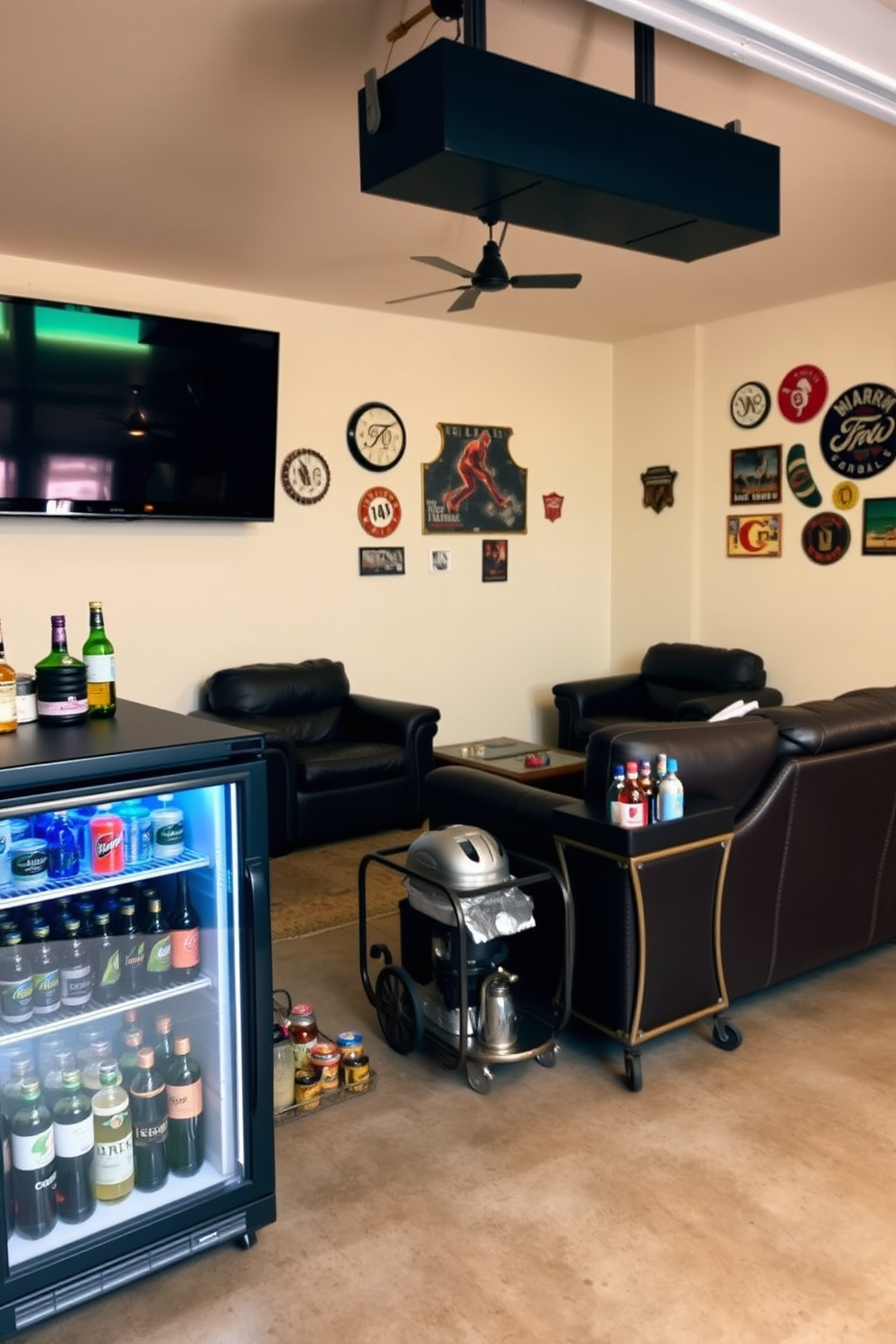 A cozy man cave garage featuring a mini fridge stocked with an assortment of beverages. The space includes a comfortable seating area with leather couches and a large flat-screen TV mounted on the wall. The garage has a polished concrete floor and walls adorned with vintage sports memorabilia. Ambient lighting creates a warm atmosphere, while a stylish bar cart complements the mini fridge for easy access to drinks.