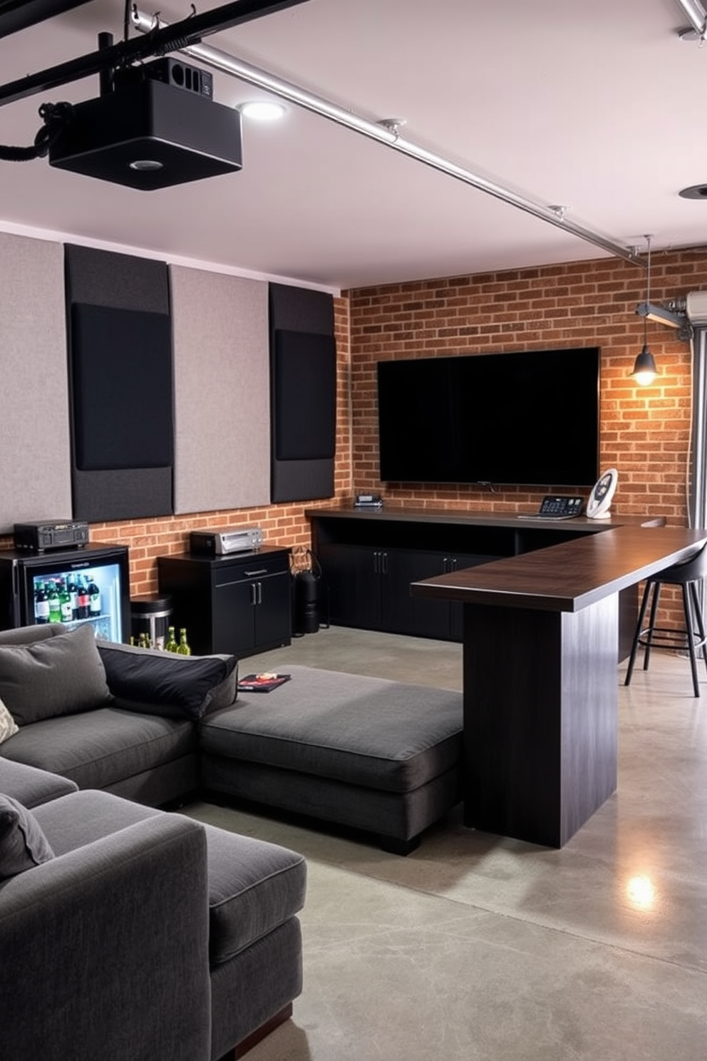 A cozy man cave garage featuring soundproofing panels on the walls for quiet enjoyment. The space is equipped with a plush sectional sofa, a large flat-screen TV mounted on the wall, and a mini-fridge stocked with beverages. The garage has an industrial vibe with exposed brick walls and polished concrete floors. Ambient lighting enhances the atmosphere, while a custom-built bar area with high stools invites relaxation and entertainment.