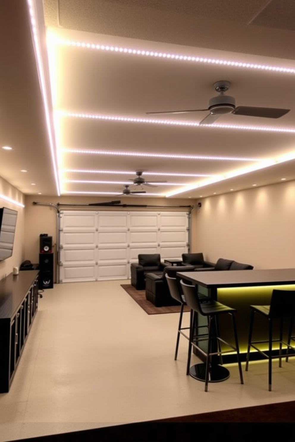 A stylish man cave garage featuring LED strip lighting that creates a warm and inviting atmosphere. The space includes a comfortable seating area with plush recliners and a sleek bar with high stools, all illuminated by the soft glow of the LED lights.