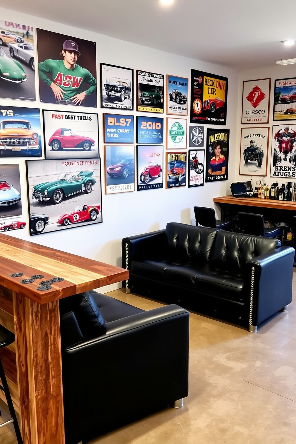 Classic car decor for automotive lovers. The walls are adorned with vintage car posters and photographs, while a sleek black leather sofa sits in the center of the room. Man Cave Garage Design Ideas. The flooring is polished concrete, and a custom-built bar area features reclaimed wood and metal accents, perfect for entertaining friends.