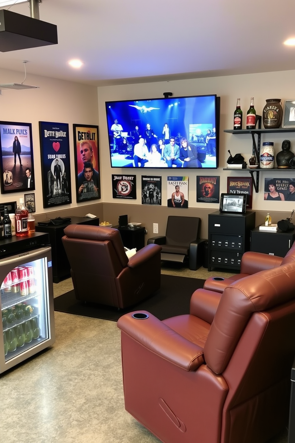 A stylish man cave garage designed for relaxation and entertainment. The space features comfortable seating with leather recliners and a large flat-screen TV mounted on the wall. The garage is adorned with artwork showcasing favorite movies and bands, creating a personalized atmosphere. Industrial-style shelving holds collectibles and memorabilia, while a mini fridge is stocked with beverages for easy access.