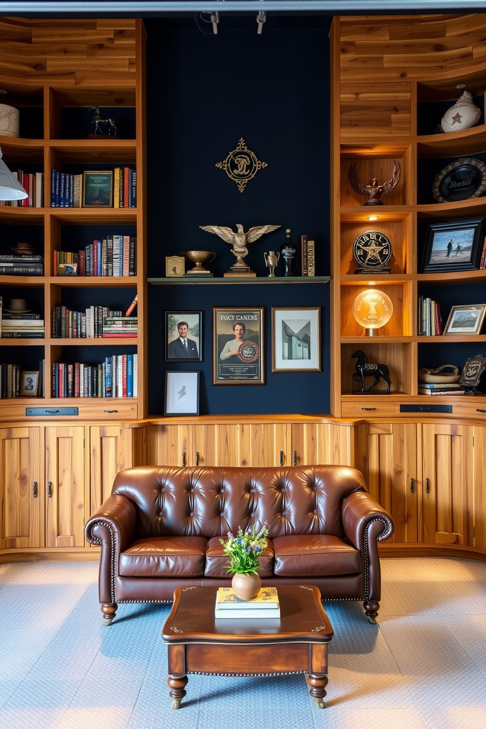 A cozy man cave garage featuring a mini fridge stocked with favorite beverages. The space is adorned with dark wood paneling and industrial-style lighting, creating a warm and inviting atmosphere. Comfortable seating is arranged around a coffee table, perfect for entertaining friends. Vintage decor elements, such as framed sports memorabilia and retro signs, add personality to the garage.