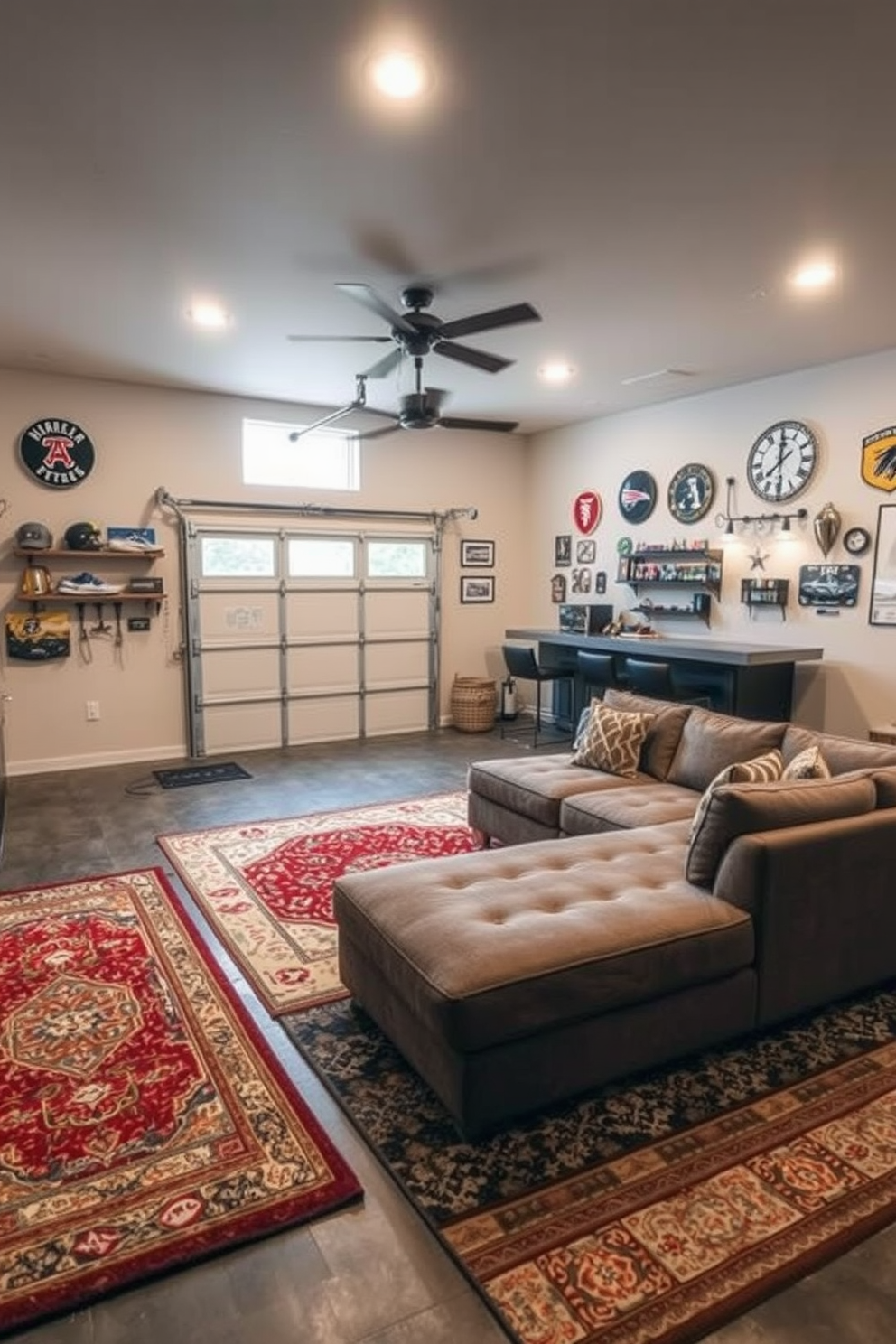 Comfortable lounge area with rugs. The space features a plush sectional sofa in a warm gray tone, surrounded by layered area rugs that add texture and warmth to the room. Man Cave Garage Design Ideas. The garage is transformed into a stylish retreat with a sleek bar area, comfortable seating, and sports memorabilia displayed on the walls.