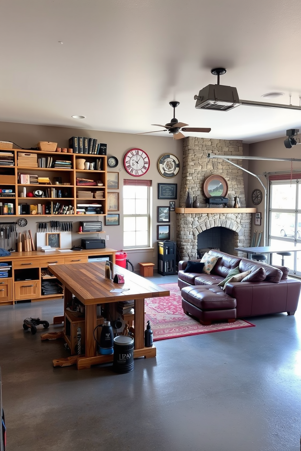 A dedicated space for hobbies and crafts features a large workbench made of reclaimed wood surrounded by organized shelving filled with art supplies and tools. Natural light floods the room through a large window, illuminating a cozy seating area with colorful cushions and a rug that adds warmth to the space. The man cave is designed with a rustic theme, showcasing a leather sectional sofa positioned in front of a stone fireplace. Vintage memorabilia adorns the walls, and a custom bar area with high stools invites relaxation and entertainment. The garage is transformed into a multifunctional space with epoxy flooring and built-in cabinets for storage. A designated area for car maintenance includes a workbench and tools, while a lounge corner with comfortable seating provides a space to unwind.