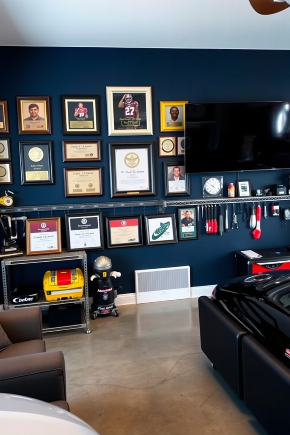 A wall of fame showcasing personal achievements features a sleek display of framed awards and photographs. The background is painted in a deep navy blue, creating a striking contrast with the gold and silver frames. The man cave garage design includes a spacious layout with comfortable seating and a large flat-screen TV mounted on the wall. Industrial-style shelves hold sports memorabilia and tools, while a polished concrete floor adds a modern touch.