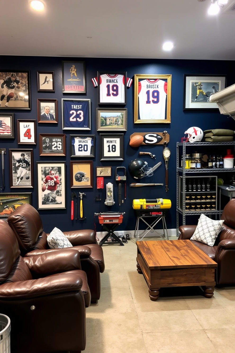 A vintage sports memorabilia display wall features a collection of framed jerseys, autographed photographs, and vintage equipment arranged in a cohesive layout. The wall is painted in a deep navy blue to create a striking backdrop, while spotlights highlight the memorabilia to enhance visibility and appreciation. The man cave garage design includes a comfortable seating area with leather recliners and a rustic coffee table made from reclaimed wood. Industrial-style shelving units store tools and sports gear, while a mini bar stocked with beverages adds a touch of entertainment to the space.