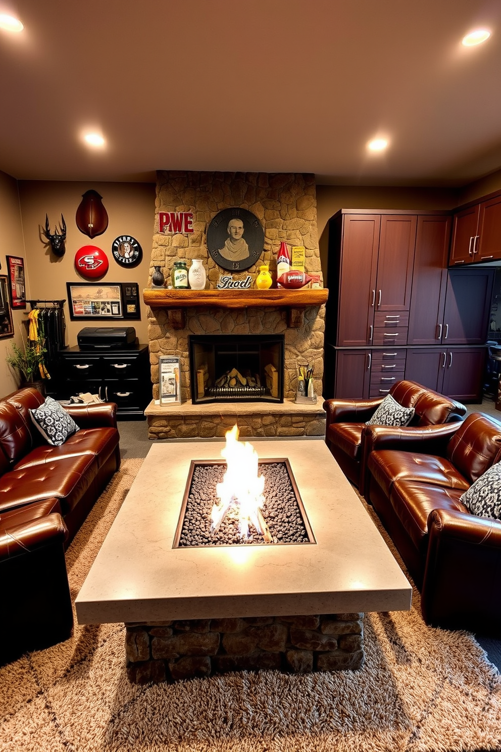 A cozy man cave designed for fishing and hunting enthusiasts features rustic wooden accents and a stone fireplace. The walls are adorned with framed photographs of outdoor adventures and mounted trophies, creating a warm and inviting atmosphere. The garage design incorporates ample storage for outdoor gear, with built-in shelving and hooks for fishing rods and hunting equipment. A workbench area is included, complete with tools and a comfortable chair for tackling DIY projects.