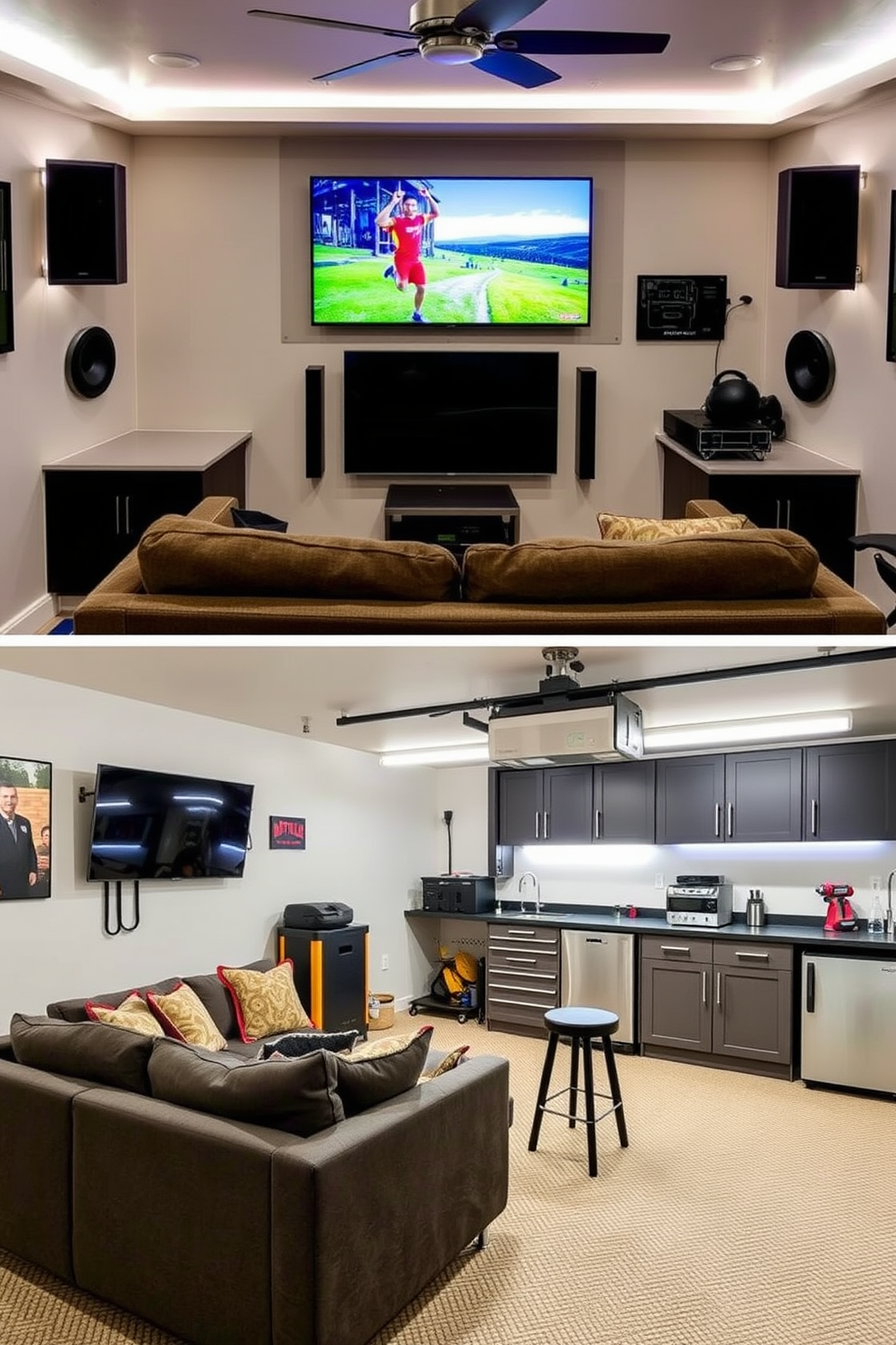 A cozy man cave designed for relaxation and entertainment. The space features a plush sectional sofa facing a large flat-screen TV, with a state-of-the-art sound system integrated into the walls for an immersive audio experience. The garage is transformed into a stylish workshop and leisure area. It includes custom cabinetry for tools and storage, a sleek workbench, and a comfortable lounge area with a mini-fridge and bar stools for casual gatherings.