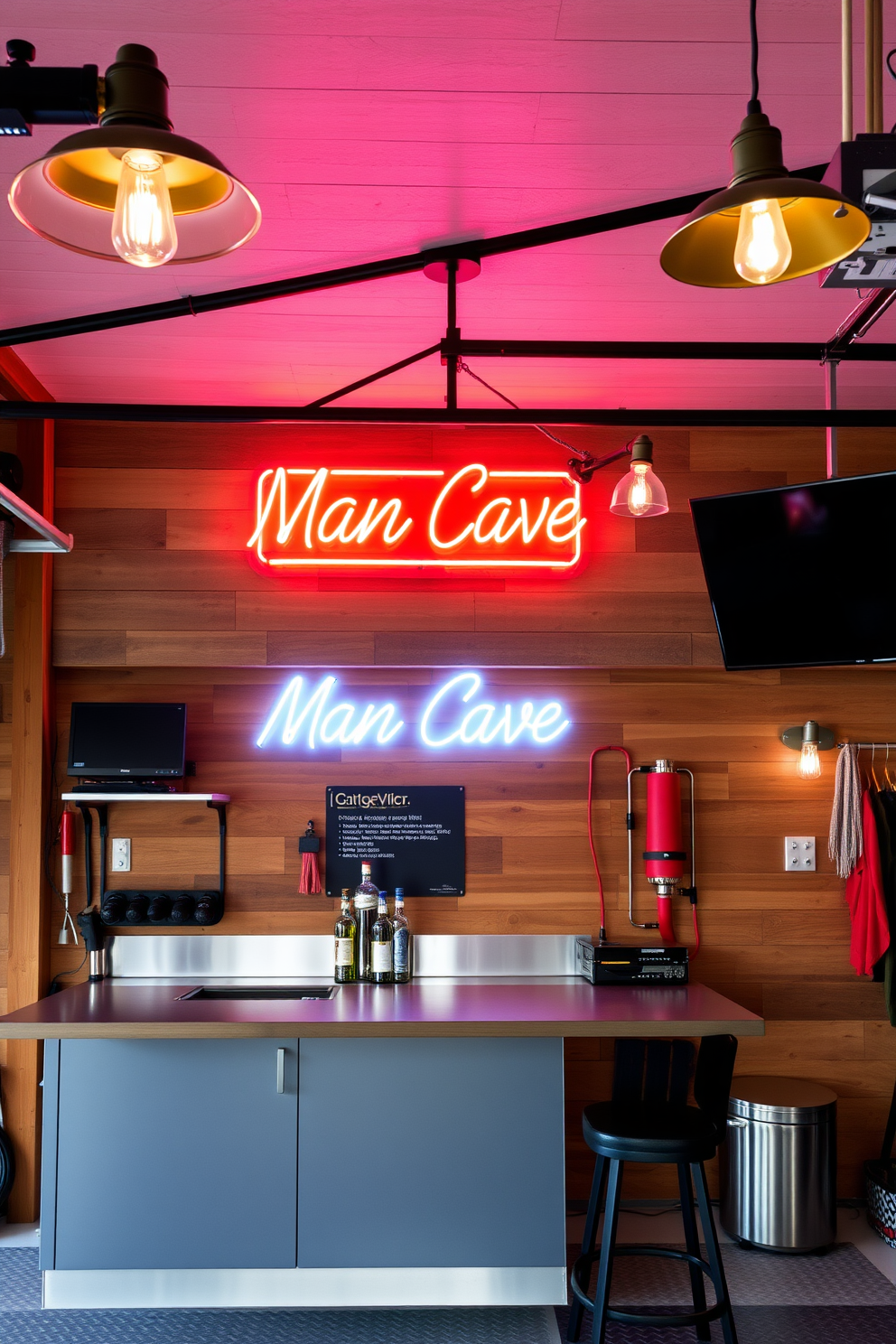 A stylish man cave garage featuring unique lighting fixtures that enhance the character of the space. The walls are adorned with reclaimed wood, and a vintage neon sign adds a pop of color above a sleek bar area.