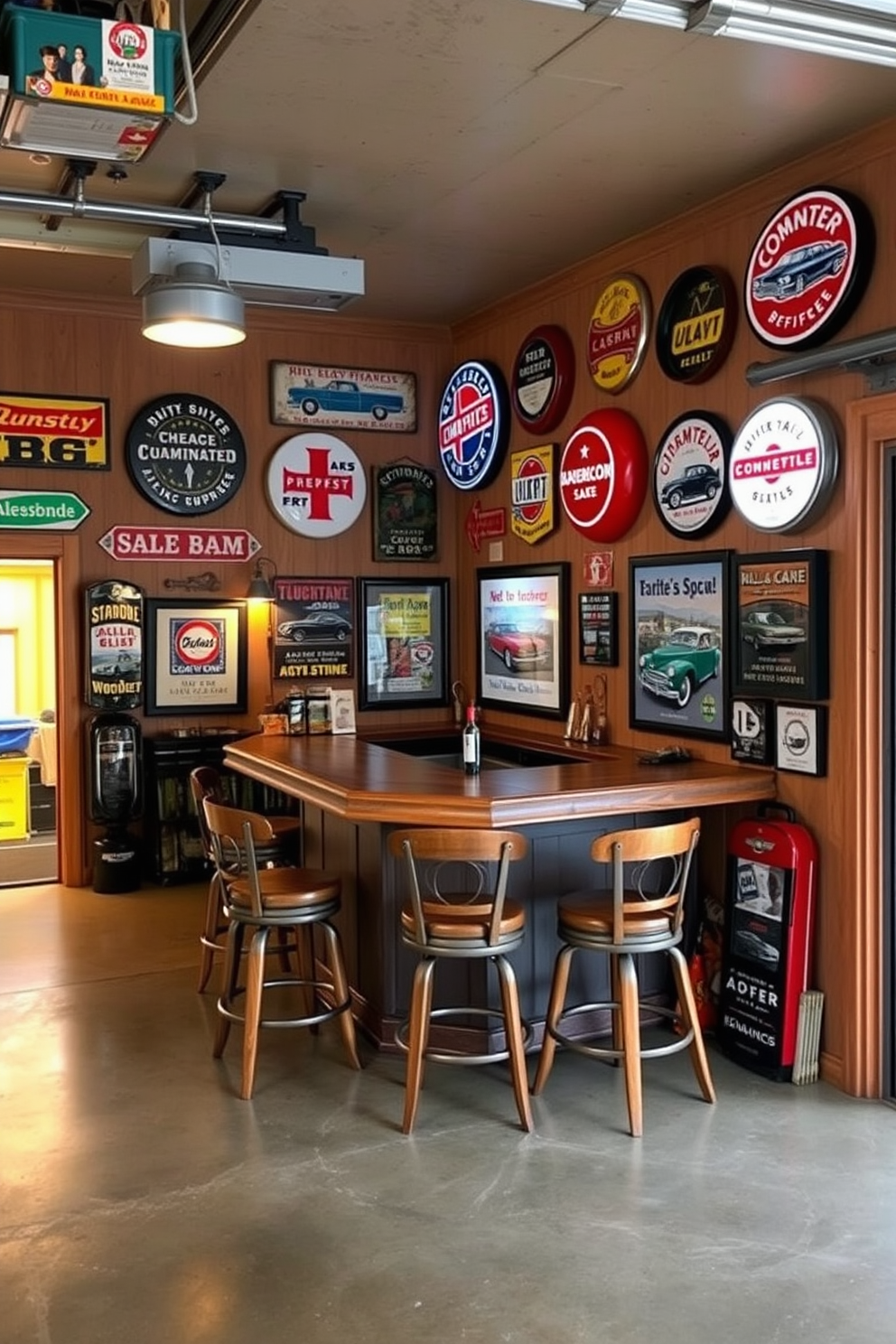 A cozy man cave garage features vintage signs and posters that add character to the space. The walls are adorned with classic automotive memorabilia and retro advertisements, creating a nostalgic atmosphere. In one corner, a rustic wooden bar is set up with bar stools, surrounded by framed vintage car posters. The floor is polished concrete, and warm lighting highlights the unique decor pieces, making it an inviting retreat for relaxation and entertainment.