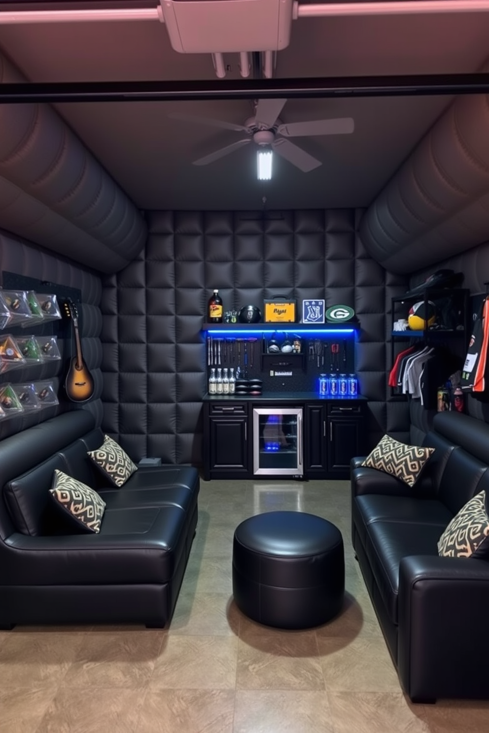 A man cave garage features padded walls that create a cozy and inviting atmosphere. The space is designed with comfortable seating and ambient lighting to enhance relaxation and entertainment. Incorporate a stylish bar area with custom cabinetry and a mini fridge for refreshments. The garage also includes wall-mounted shelving for easy access to tools and sports memorabilia.