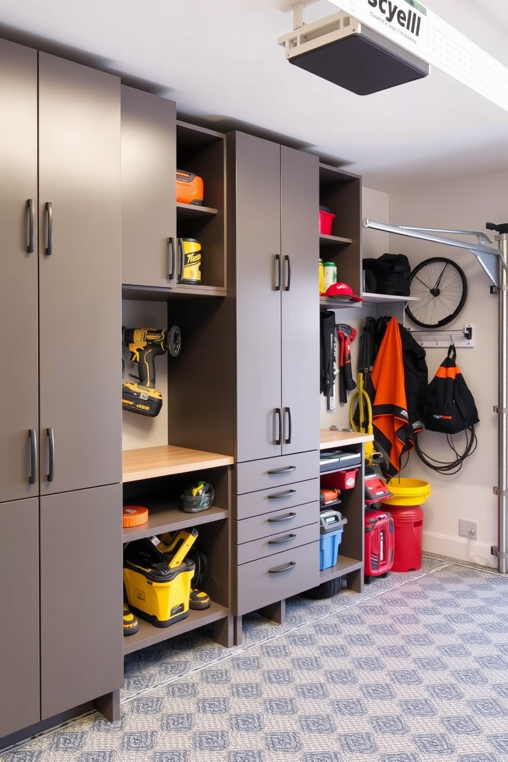 Create a stylish man cave garage that features hidden storage solutions for tools and gear. The design includes sleek cabinets that blend seamlessly with the walls, ensuring a clean and organized look while providing ample space for all necessary equipment.