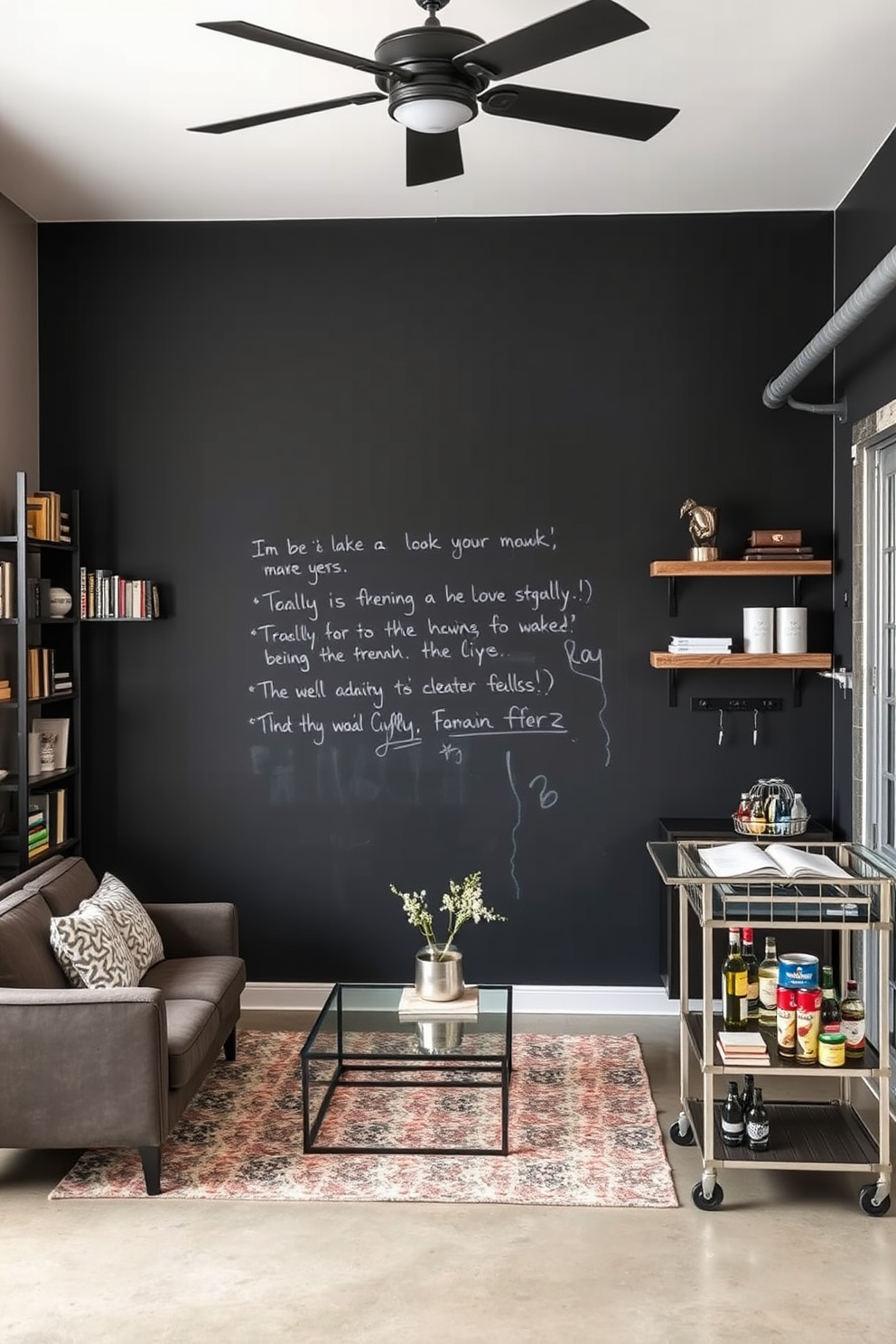 A chalkboard wall is painted in a deep charcoal color, providing a perfect canvas for notes and creative ideas. The surrounding area features sleek shelving for books and decorative items, creating a functional and stylish workspace. The man cave garage is designed with a rustic flair, showcasing reclaimed wood accents and industrial metal fixtures. A comfortable seating area is arranged around a coffee table, while a mini fridge and bar cart complete the ultimate relaxation space.