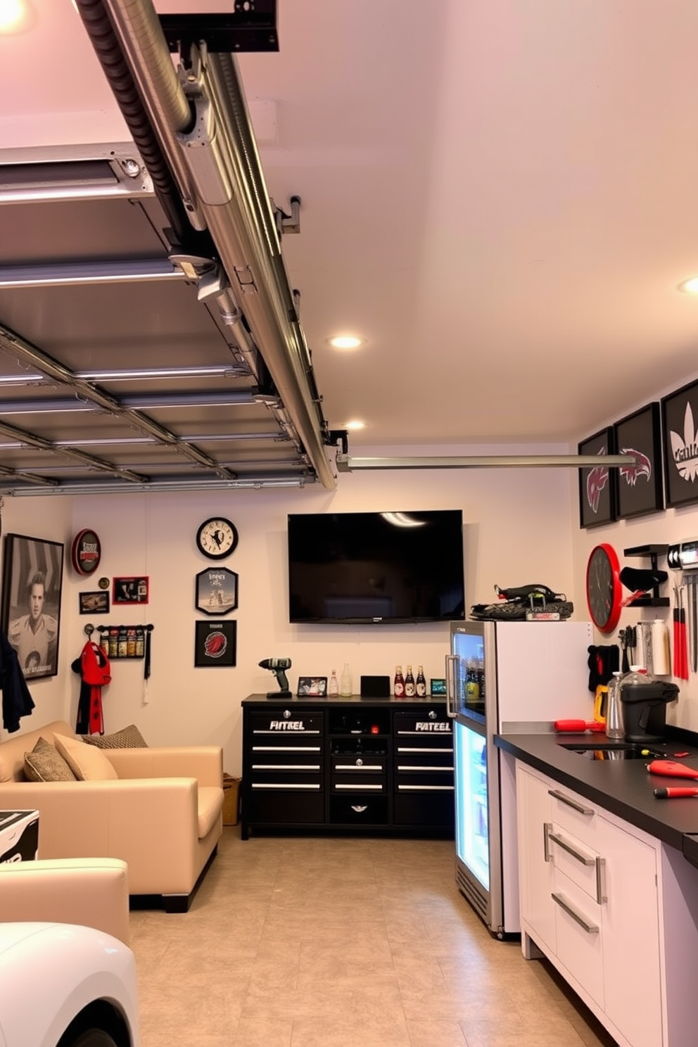 A stylish man cave garage featuring an automatic garage door opener. The space is designed with comfortable seating, a large flat-screen TV mounted on the wall, and a mini-fridge stocked with beverages. The walls are adorned with sports memorabilia and artwork that reflect personal interests. Ambient lighting creates a cozy atmosphere, while a sleek workbench is neatly organized with tools and equipment.