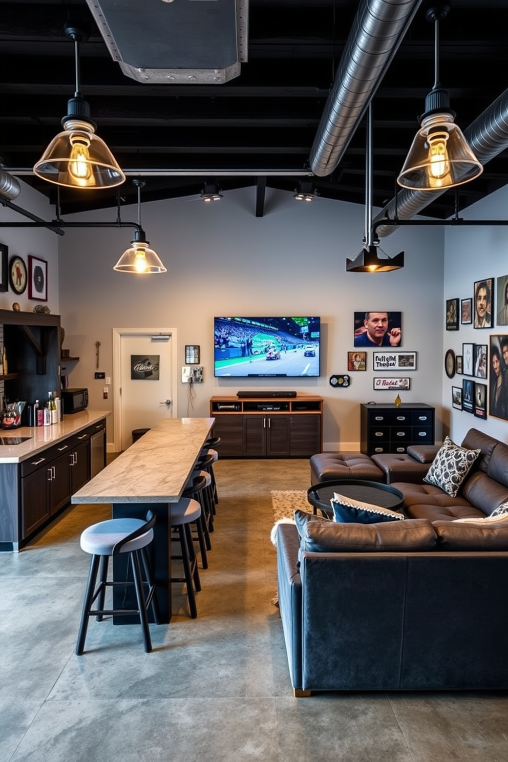 A stylish man cave garage designed for relaxation and entertainment. The space features a custom bar with high stools, a large sectional sofa, and a wall-mounted flat-screen TV for game nights. The walls are adorned with memorabilia and artwork that reflect personal interests, creating a personalized atmosphere. Industrial-style lighting fixtures hang from the ceiling, illuminating the polished concrete floor and enhancing the overall aesthetic.