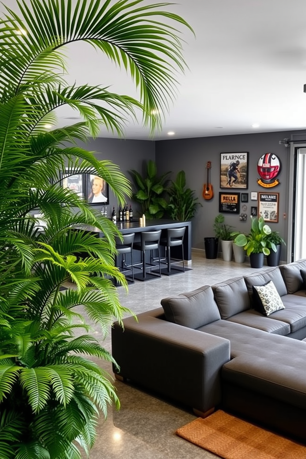 Indoor plants for a fresh atmosphere. Lush green ferns and towering palms are strategically placed around the room, creating a vibrant and inviting space. Man Cave Garage Design Ideas. The garage features a sleek bar area with high stools, a large sectional sofa for relaxation, and walls adorned with sports memorabilia and artwork.