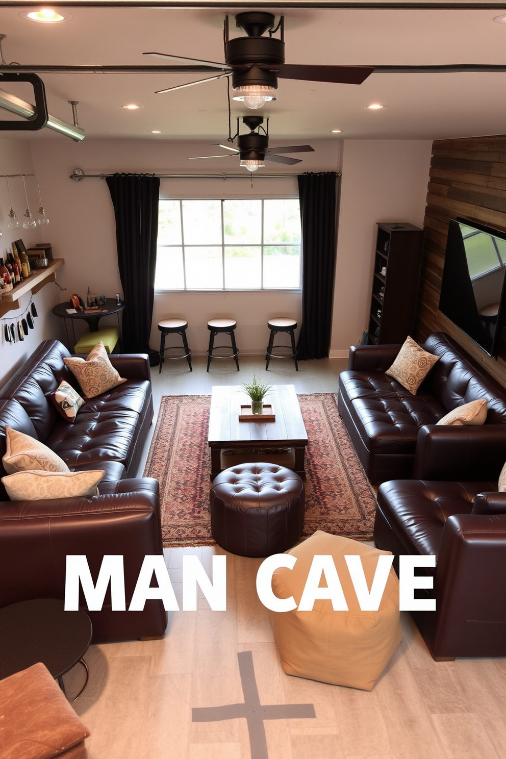 Flexible seating arrangements for gatherings. Imagine a spacious living area with modular sofas that can be rearranged easily to accommodate different group sizes. Include a mix of poufs and ottomans for added versatility, and a large coffee table at the center for snacks and drinks. Man Cave Garage Design Ideas. Visualize a cozy garage transformed into a man cave featuring a leather sectional sofa, a mini bar with stools, and a wall-mounted flat-screen TV. Incorporate rustic elements like reclaimed wood shelves and industrial lighting to create a warm, inviting atmosphere.