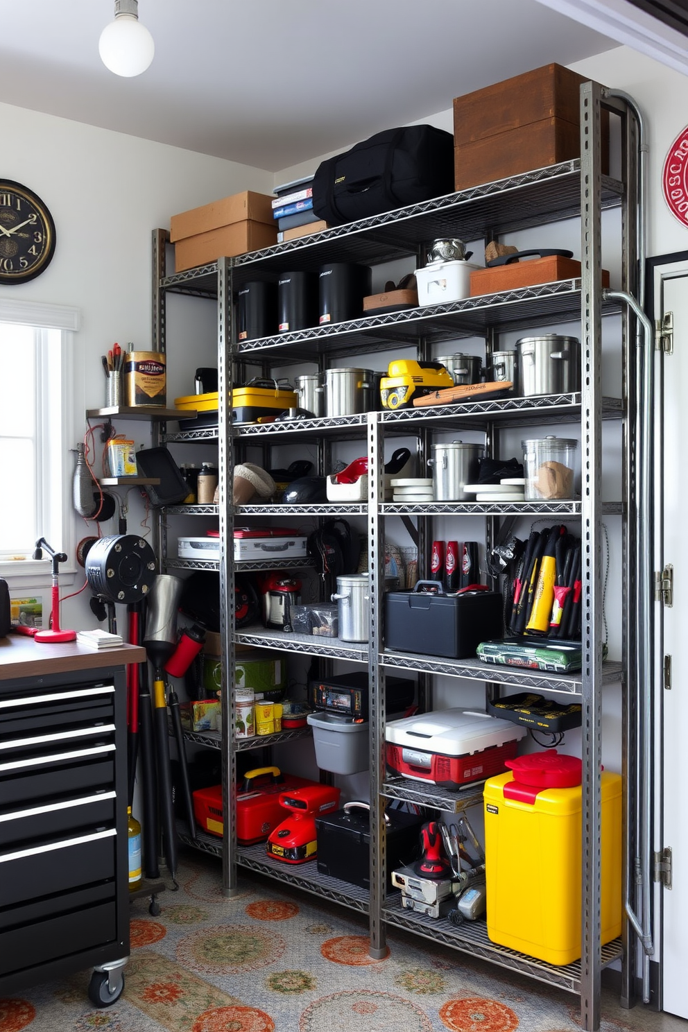 A stylish man cave garage featuring industrial style metal shelving units. The shelves are filled with an array of tools and memorabilia, creating a functional yet visually appealing space.