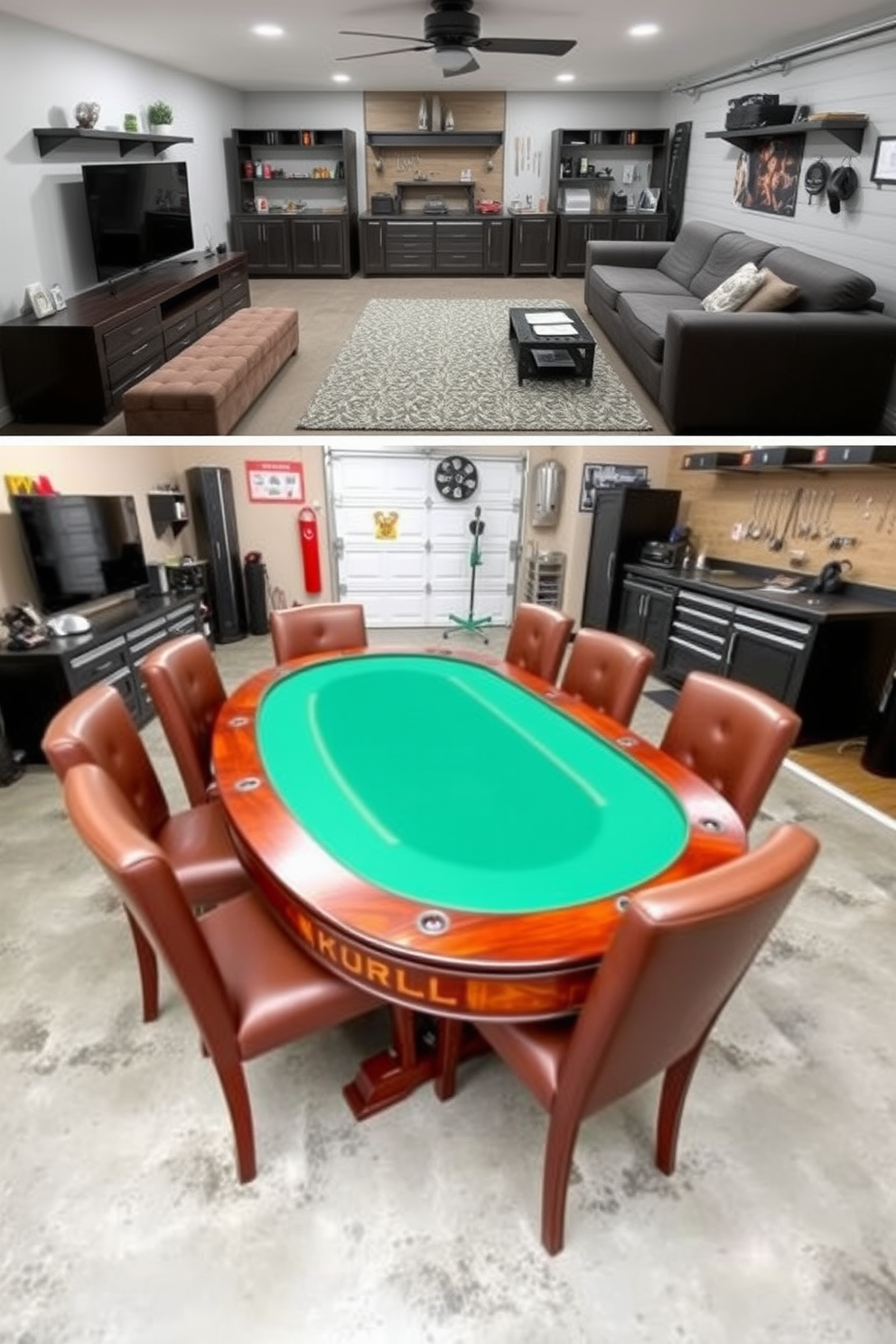 A classic car theme man cave garage features polished concrete floors and walls adorned with vintage automotive posters. The centerpiece is a sleek car lift showcasing a stunning classic car, surrounded by tool chests and shelves filled with automotive memorabilia.