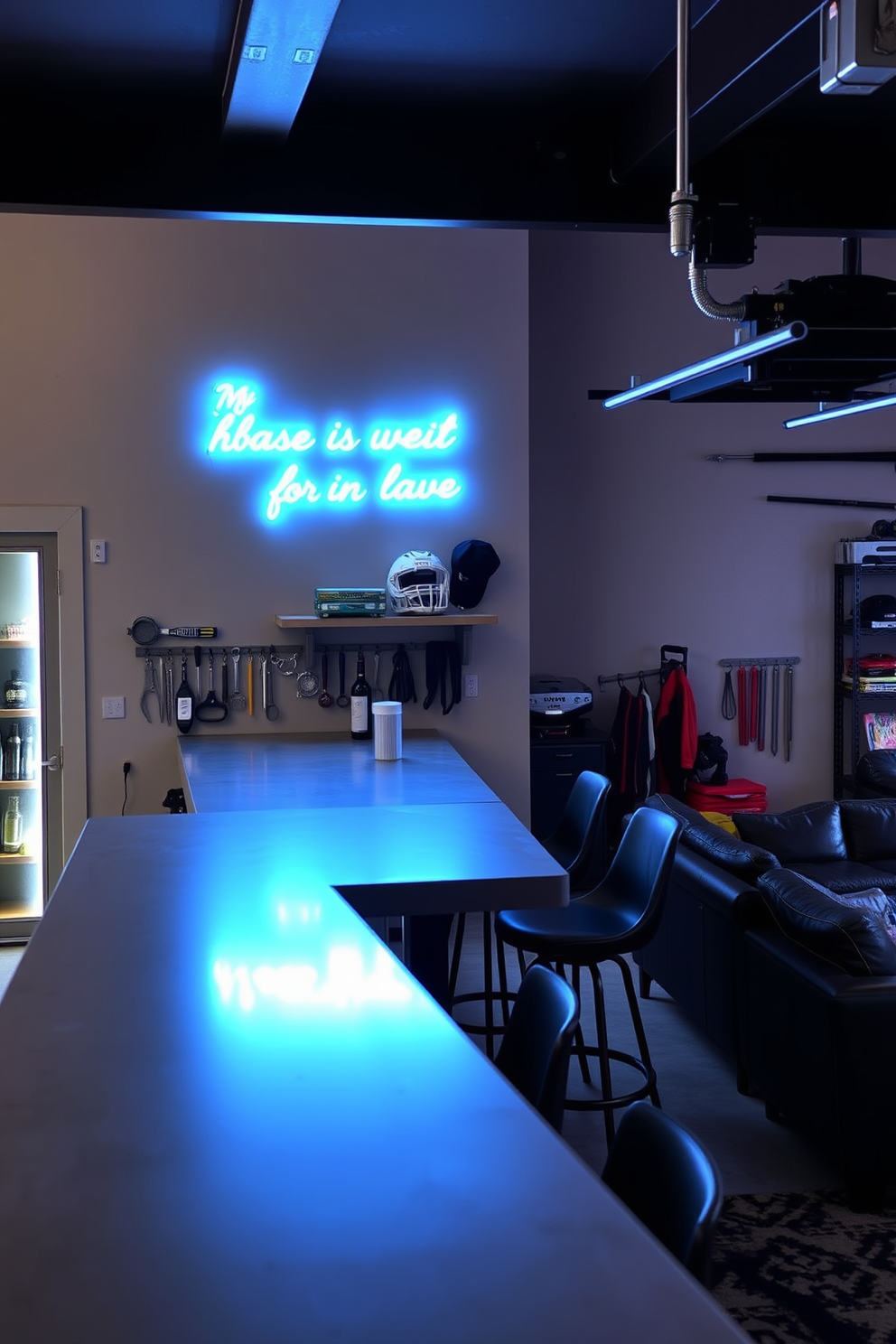 A personalized neon sign glows softly against the wall, casting a vibrant hue that enhances the room's atmosphere. The sign features a custom phrase that reflects the owner's personality, creating a unique focal point in the space. The garage is transformed into a stylish man cave, featuring a sleek bar area with high stools and a polished concrete countertop. Industrial-style shelving displays sports memorabilia and tools, while comfortable seating invites relaxation and socializing.