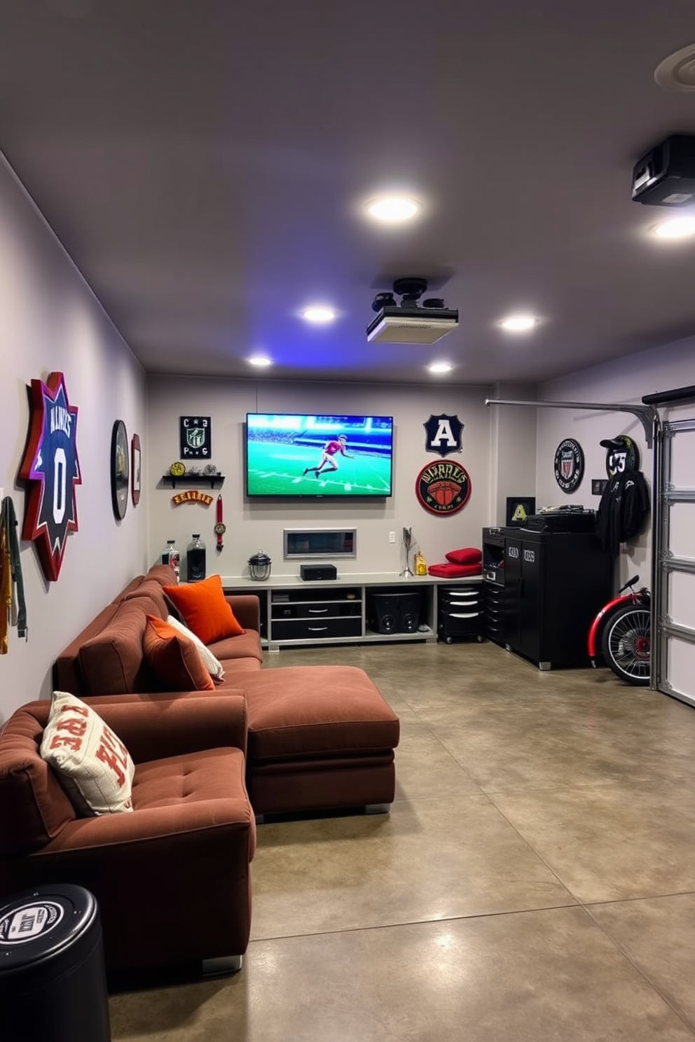 A stylish man cave garage with vintage garage signs adorning the walls, creating a nostalgic atmosphere. Neon lights illuminate the space, casting a vibrant glow over a polished concrete floor and a custom-built bar area. The garage features a comfortable lounge section with leather sofas and a rustic coffee table. An array of automotive memorabilia is displayed on shelves, adding character and charm to the overall design.