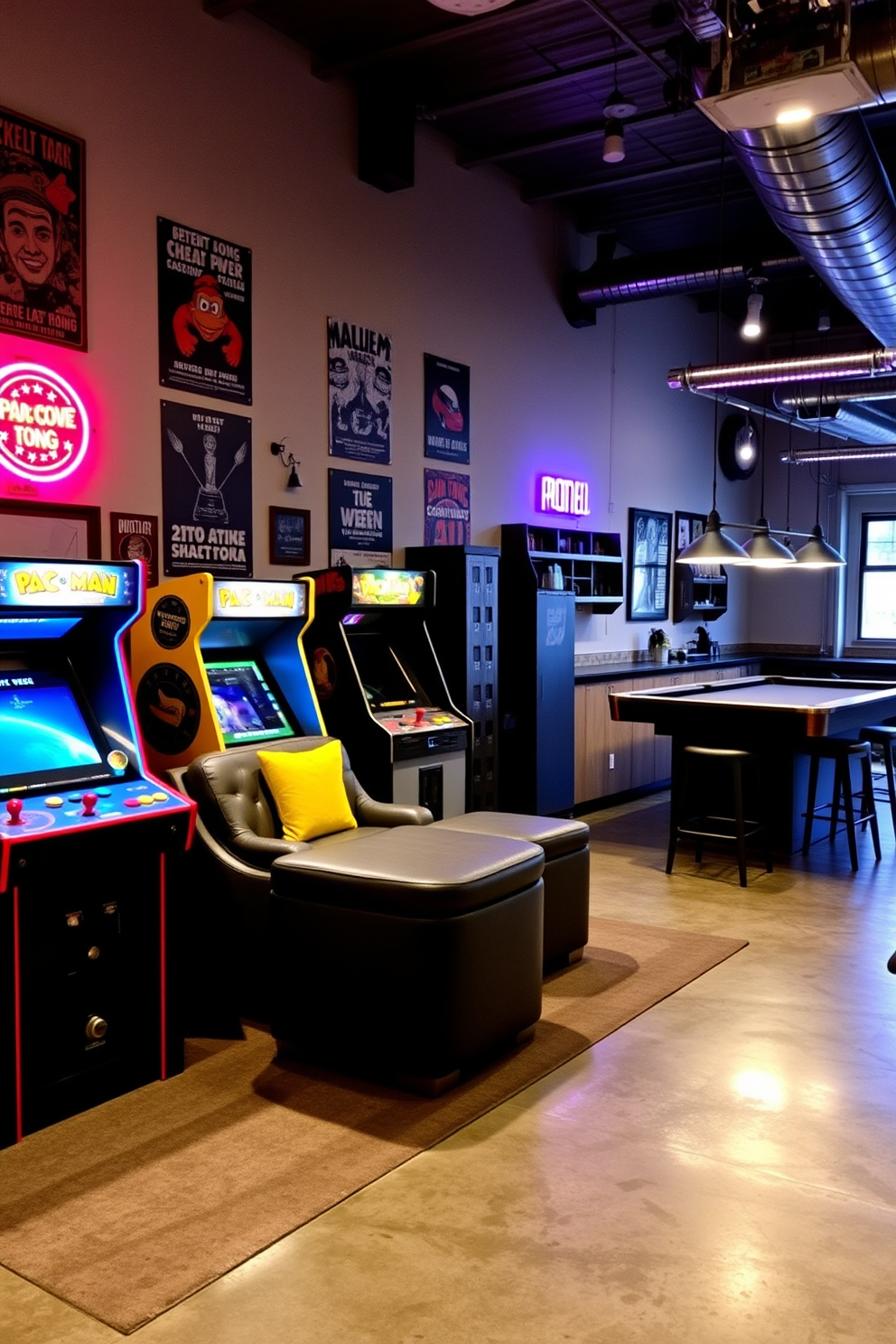 A workshop area with organized tools and benches features a spacious layout with sturdy wooden workbenches lined against the walls. Tools are neatly arranged on pegboards, and overhead lighting illuminates the space for optimal visibility. The man cave garage design includes comfortable seating and a large flat-screen TV mounted on the wall. Decorated with sports memorabilia and ambient lighting, this space creates a perfect retreat for relaxation and entertainment.