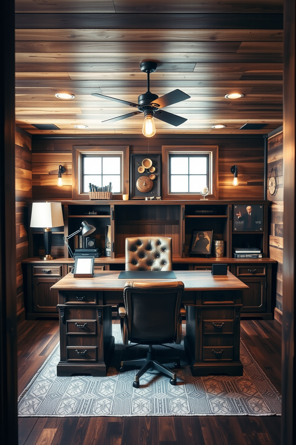 A cozy man cave office featuring rustic wood accents throughout the space. The walls are adorned with reclaimed wood paneling, and a large wooden desk sits in the center, complemented by a leather chair and vintage lighting.