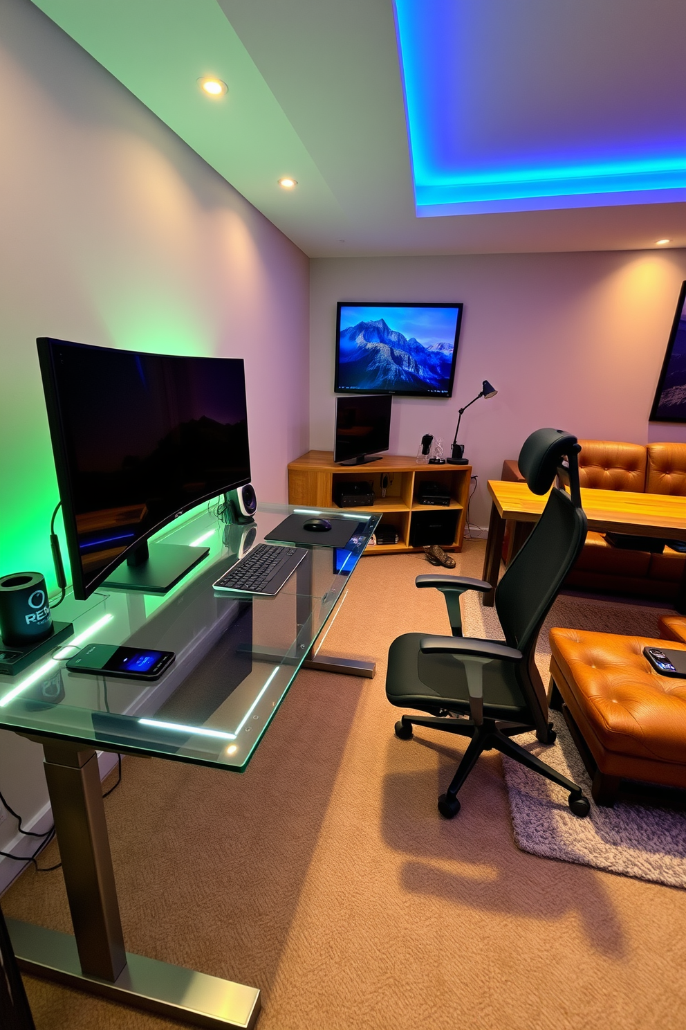 A sleek modern workspace featuring high-tech gadgets including a large curved monitor and a wireless charging station. The desk is made of glass and metal, with integrated LED lighting and a comfortable ergonomic chair. A stylish man cave office designed for relaxation and productivity. The space includes a plush leather sofa, a rustic wooden desk with built-in storage, and ambient lighting that creates a cozy atmosphere.