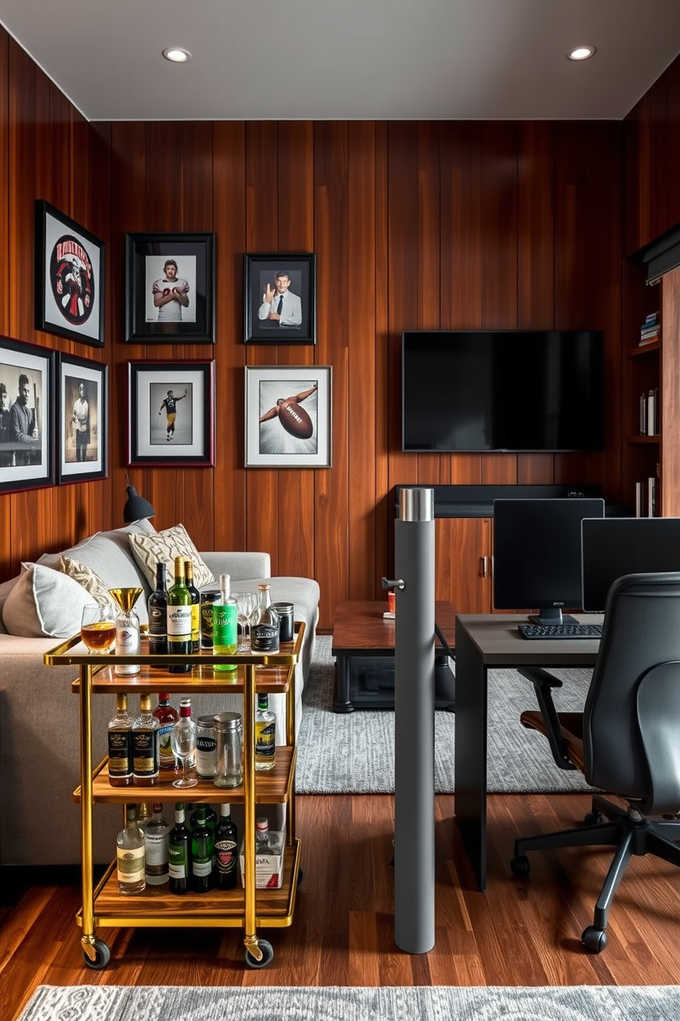 A stylish bar cart for drinks and socializing is set against a backdrop of rich wood paneling. The cart features a polished brass frame, multiple shelves stocked with an array of spirits, glassware, and cocktail accessories. In a cozy man cave, a plush sectional sofa is arranged around a rustic coffee table made from reclaimed wood. The space is enhanced with dim lighting, framed sports memorabilia on the walls, and a large flat-screen TV for entertainment. For office design ideas, a sleek desk is positioned near a window, allowing natural light to illuminate the workspace. The room is decorated with modern art, a comfortable ergonomic chair, and built-in shelving filled with books and personal items.