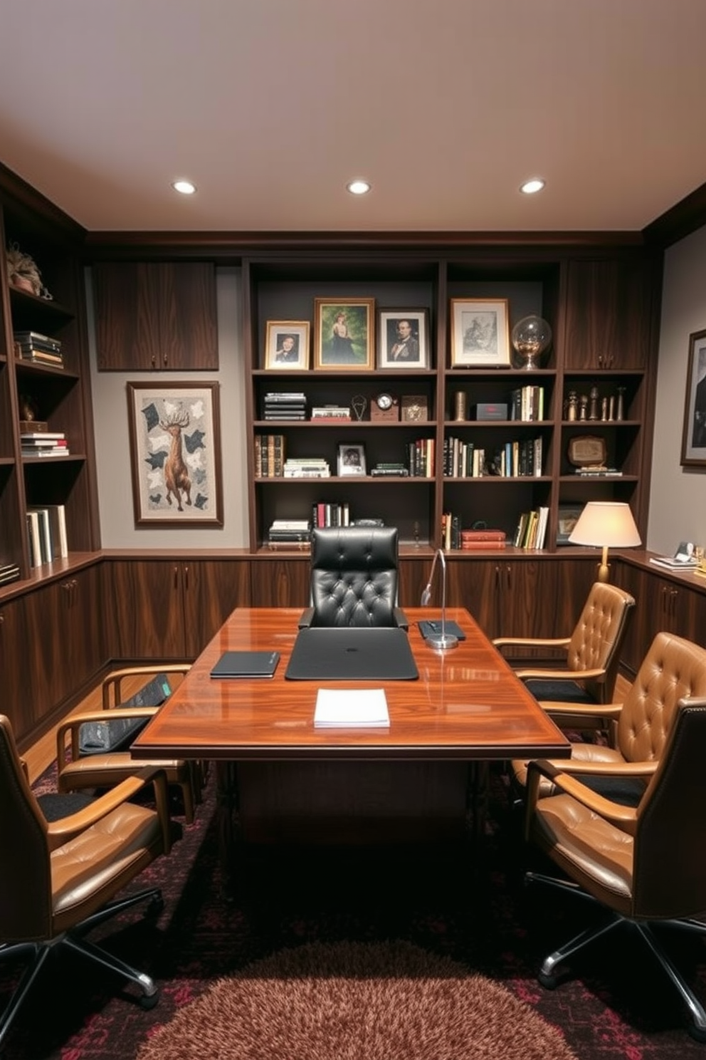 A large desk made of dark wood occupies the center of the room, providing ample workspace for productivity. Surrounding the desk are leather chairs with a contemporary design, creating a comfortable and stylish environment. The walls are adorned with framed artwork and shelves filled with books and collectibles, adding personality to the space. A plush area rug in deep colors anchors the room, while warm lighting fixtures create an inviting atmosphere.