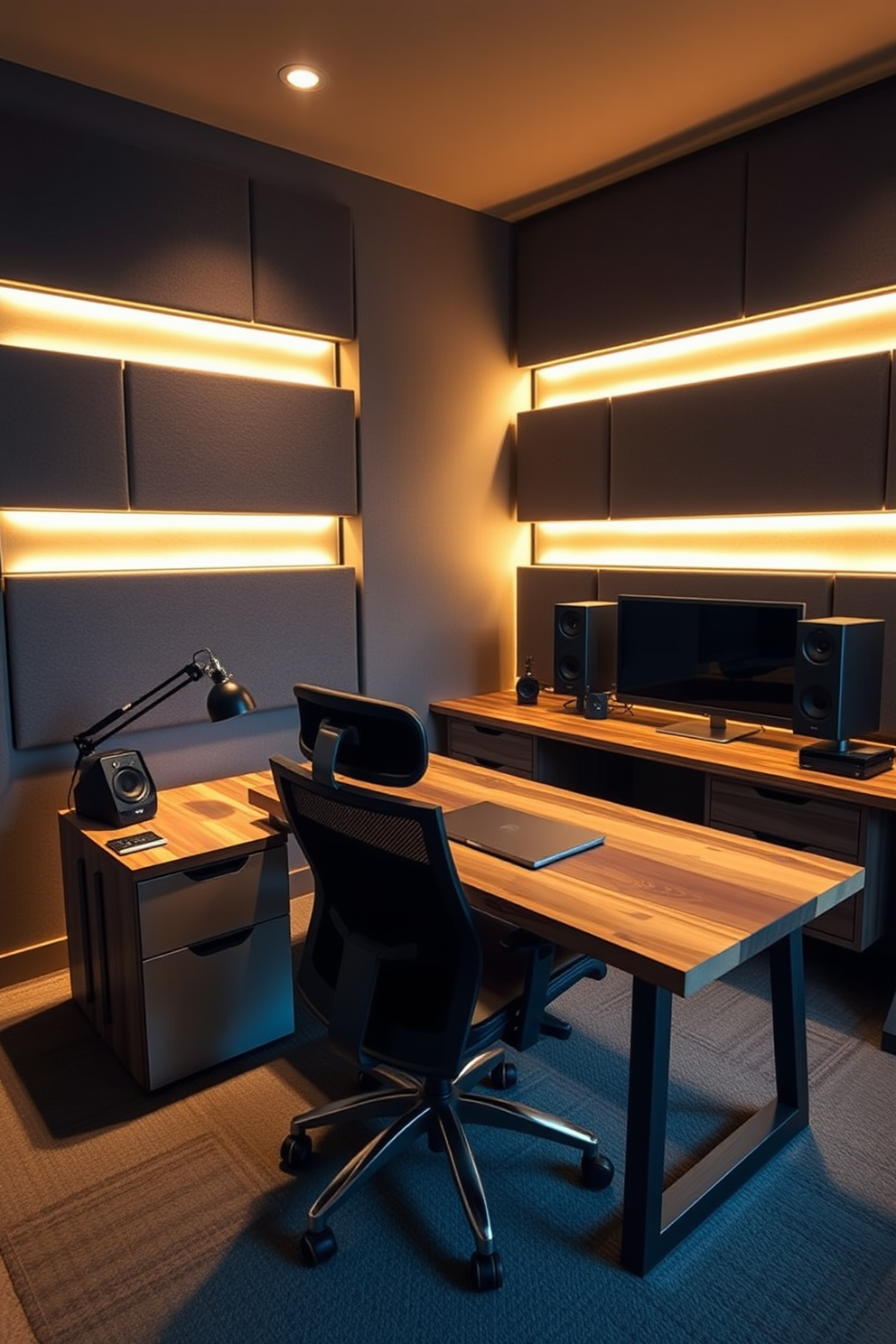 A modern man cave office designed for quiet focus features soundproofing panels on the walls to enhance acoustics. The space includes a sleek desk made of reclaimed wood, paired with a comfortable ergonomic chair, and ambient lighting that creates a warm atmosphere.