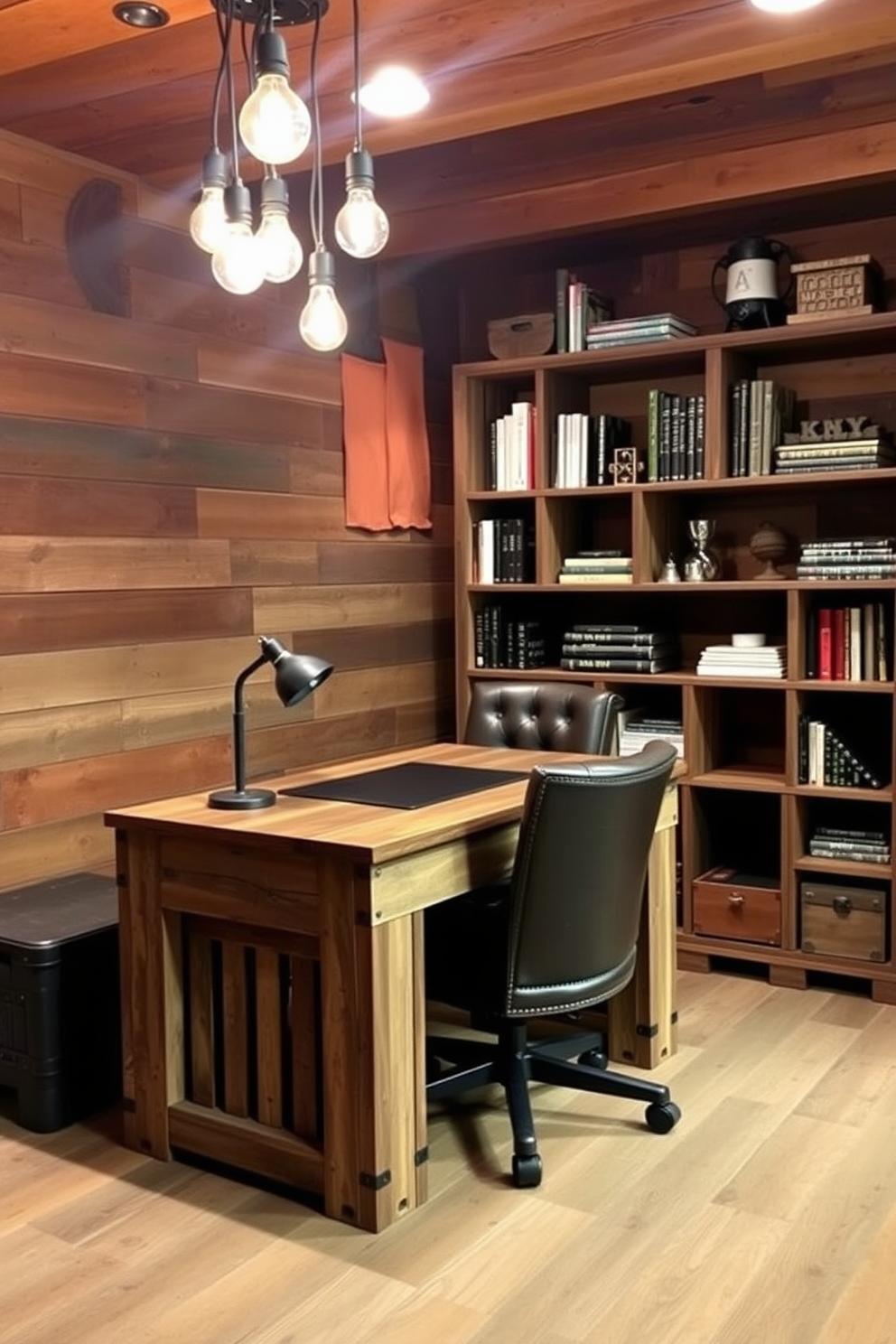 A cozy man cave office designed with a creative use of reclaimed materials. The walls are lined with rustic wooden panels, and a vintage desk made from salvaged barn wood sits in the center, complemented by a leather chair with industrial metal accents. A bookshelf crafted from old crates showcases an array of books and decor items. Ambient lighting from Edison bulbs hanging above creates a warm and inviting atmosphere, perfect for productivity and relaxation.