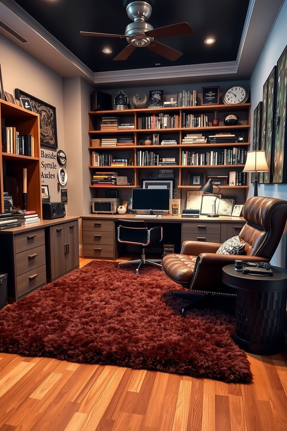 A cozy man cave office features a plush, soft area rug that adds warmth to the space. The rug is layered over hardwood flooring, creating a comfortable and inviting atmosphere for work and relaxation. The office is designed with a mix of modern and vintage elements, including a sleek desk and a comfortable leather chair. Shelves filled with books and personal memorabilia line the walls, enhancing the character of the room.