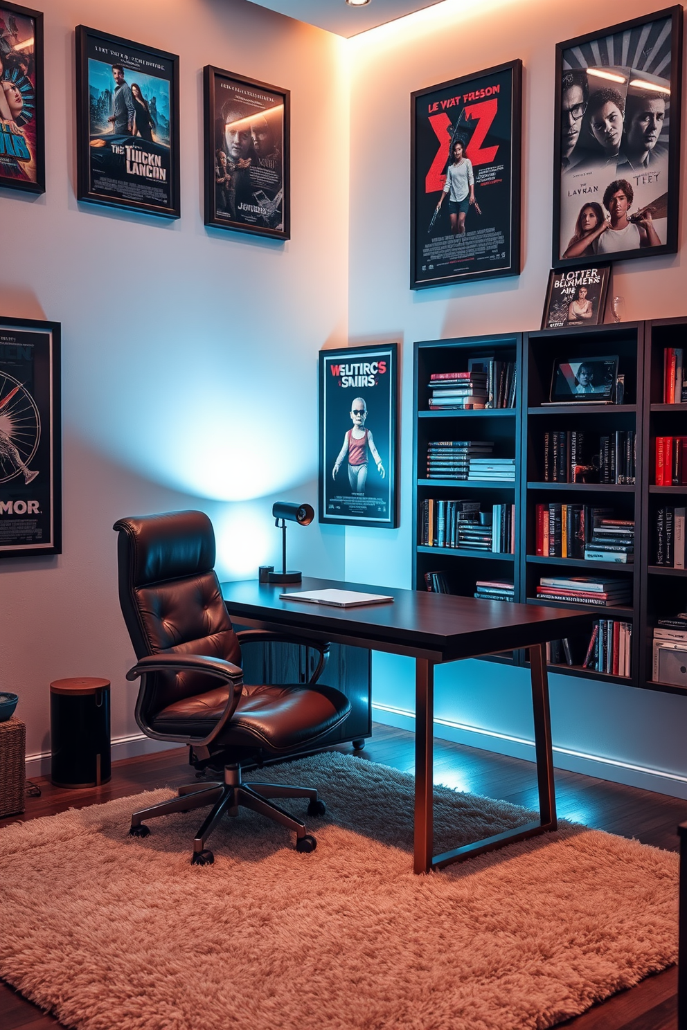 A modern man cave office featuring a sleek wooden desk positioned against a wall adorned with dark wood paneling. Lush green plants are strategically placed around the room, adding a fresh touch and enhancing the ambiance. The office chair is upholstered in leather, complementing the rustic elements of the space. A stylish bookshelf filled with books and decor items stands to the side, while a cozy seating area invites relaxation and creativity.