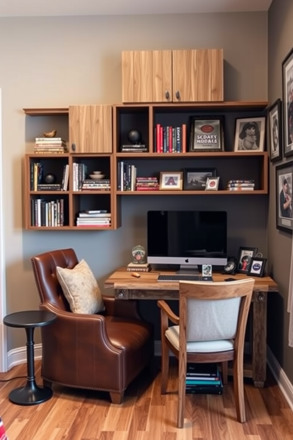 Smart storage solutions to reduce clutter. A sleek wall-mounted shelving unit features a mix of open and closed compartments, providing ample space for books and decorative items. Beneath the shelves, a stylish storage bench offers additional seating while concealing various items within its hidden compartments. Man Cave Office Design Ideas. A cozy corner features a plush leather armchair paired with a small side table, perfect for reading or relaxing. The walls are adorned with framed sports memorabilia, and a rustic wooden desk occupies the center, showcasing a modern computer setup and personal touches like framed photos.