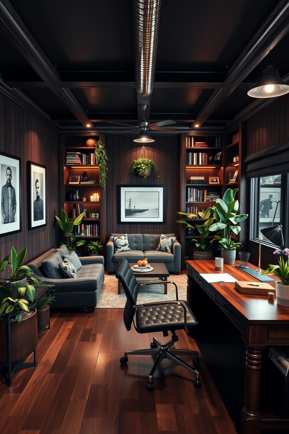 A stylish man cave office featuring a large wooden desk with a sleek black chair. The walls are adorned with dark wood paneling and framed artwork, while potted plants are strategically placed to create a fresh atmosphere. A cozy seating area includes a plush sofa and a coffee table, surrounded by bookshelves filled with books and memorabilia. Soft lighting from industrial-style fixtures enhances the ambiance, making it a perfect retreat for work and relaxation.