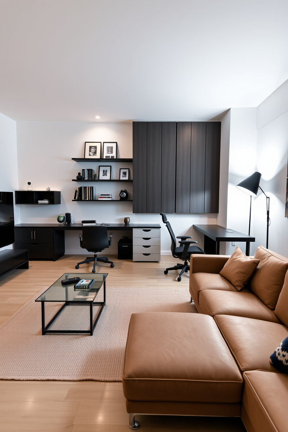 An industrial style man cave office features exposed brick walls and large metal beams that create an open and airy atmosphere. A sleek metal desk sits in the center, accompanied by a vintage leather chair and industrial-style lighting fixtures hanging overhead. The room is accented with metal shelving units filled with books and decorative items. A plush area rug adds warmth to the concrete floor, while large windows allow natural light to flood the space, enhancing the overall aesthetic.