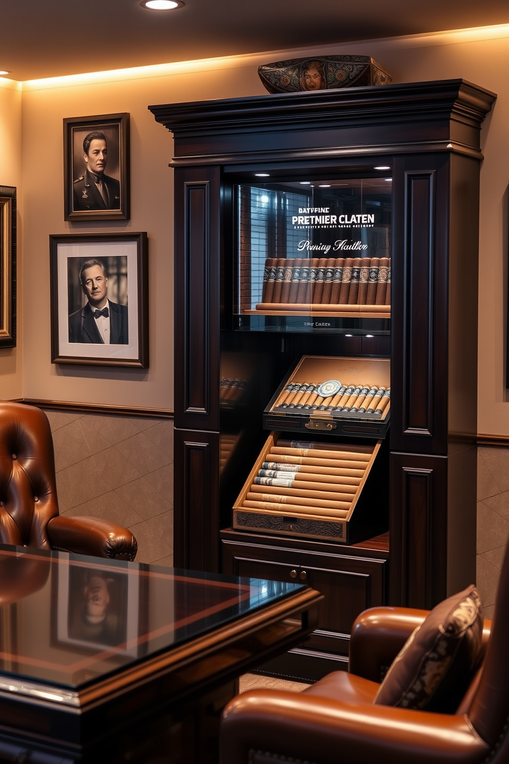 A luxurious cigar humidor is elegantly displayed in a dark wood cabinet, showcasing a selection of premium cigars. The humidor features intricate detailing and a polished finish, adding a sophisticated touch to the space. The man cave office design incorporates rich leather seating and a sleek wooden desk, creating a warm and inviting atmosphere. Ambient lighting enhances the cozy feel, while framed artwork and personal memorabilia add character to the room.