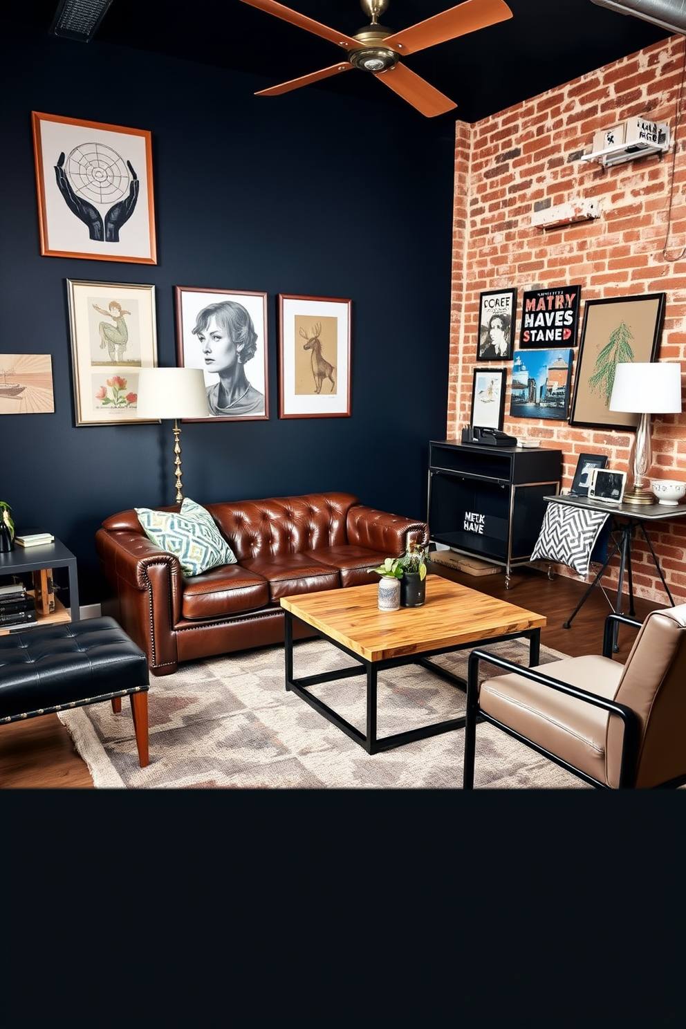 A stylish man cave office featuring a blend of textures for visual interest. The room includes a plush leather sofa paired with a reclaimed wood coffee table and a sleek metal desk. Walls are adorned with deep navy paint and accented with exposed brick for a rustic yet modern feel. A large area rug with geometric patterns anchors the space, while a mix of vintage and contemporary artwork adds character.