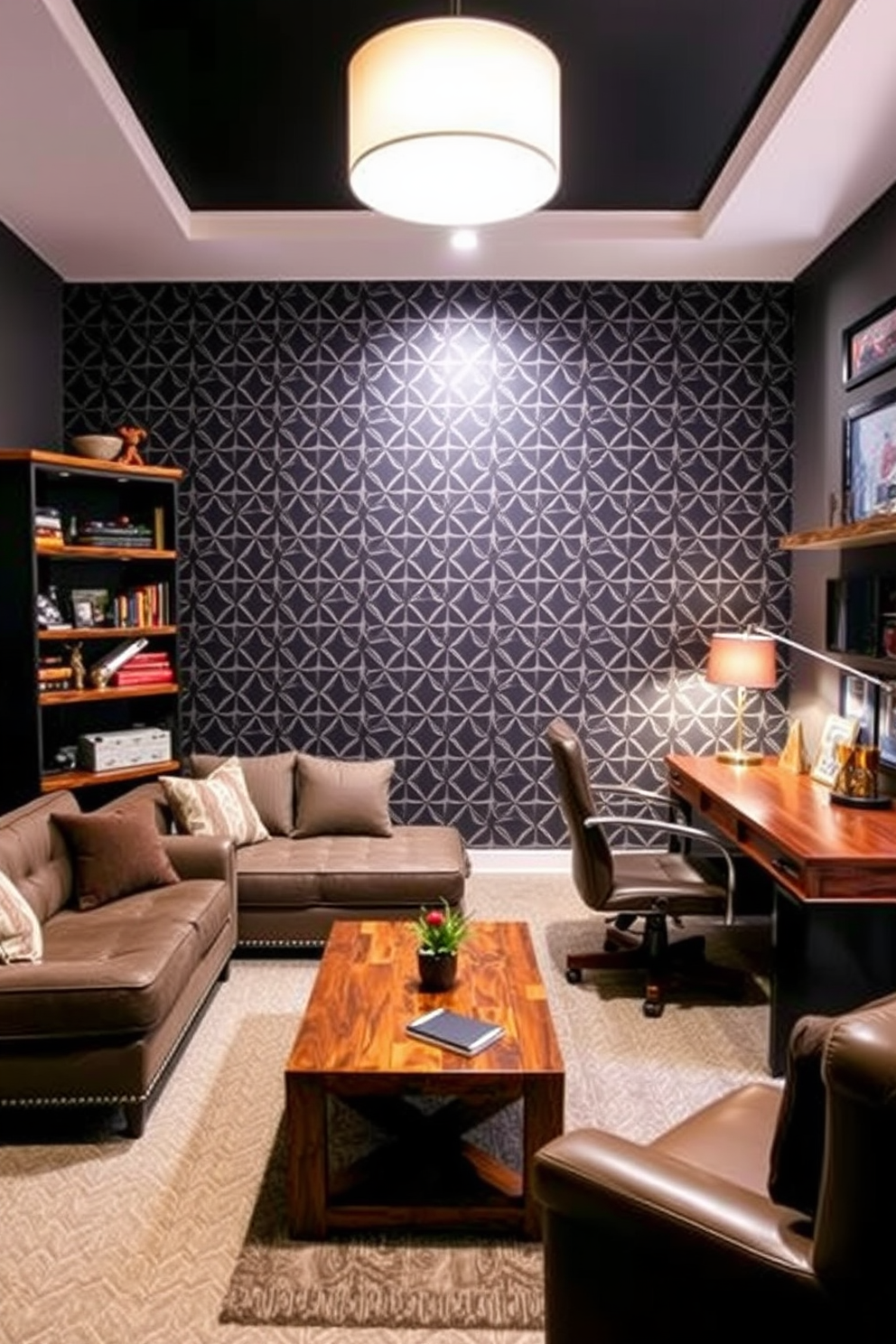 A striking accent wall adorned with bold wallpaper featuring a geometric pattern creates a focal point in the room. Complementing the wall, the furniture is arranged for comfort, with a plush sectional sofa and a sleek coffee table in front. The man cave office design incorporates a rustic wooden desk paired with a leather executive chair. Ambient lighting from stylish floor lamps enhances the cozy atmosphere, while shelves filled with books and memorabilia add a personal touch.