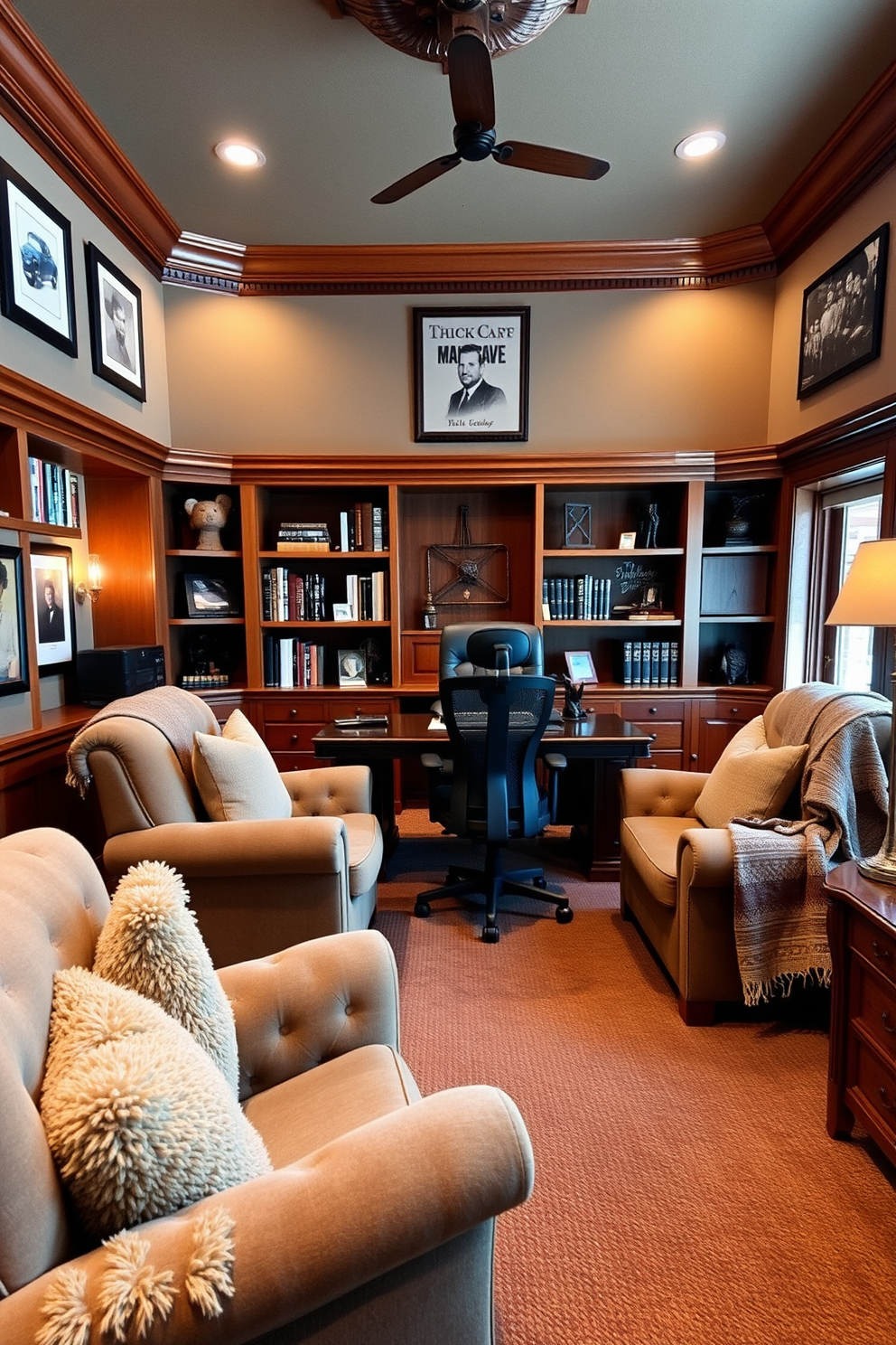 A cozy coffee station designed for quick caffeine fixes. It features a sleek countertop with an espresso machine, a variety of coffee mugs displayed on open shelves, and a small fridge stocked with cream and milk. A stylish man cave office design that combines comfort and functionality. The space includes a large leather recliner, a rustic wooden desk with a vintage lamp, and walls adorned with framed sports memorabilia.