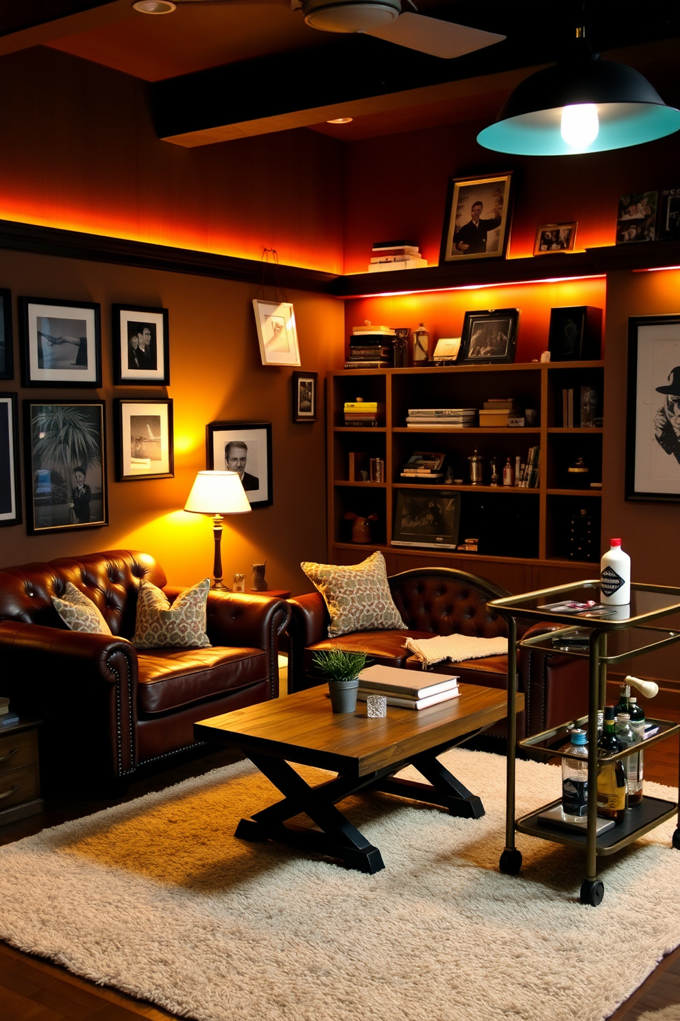 A cozy man cave office with warm mood lighting that creates a relaxed ambiance. The space features a plush leather sofa paired with a rustic wooden coffee table and a stylish desk illuminated by a vintage lamp. The walls are adorned with framed art and shelves filled with books and personal memorabilia. A soft area rug anchors the seating area, while a sleek bar cart adds a touch of sophistication to the design.