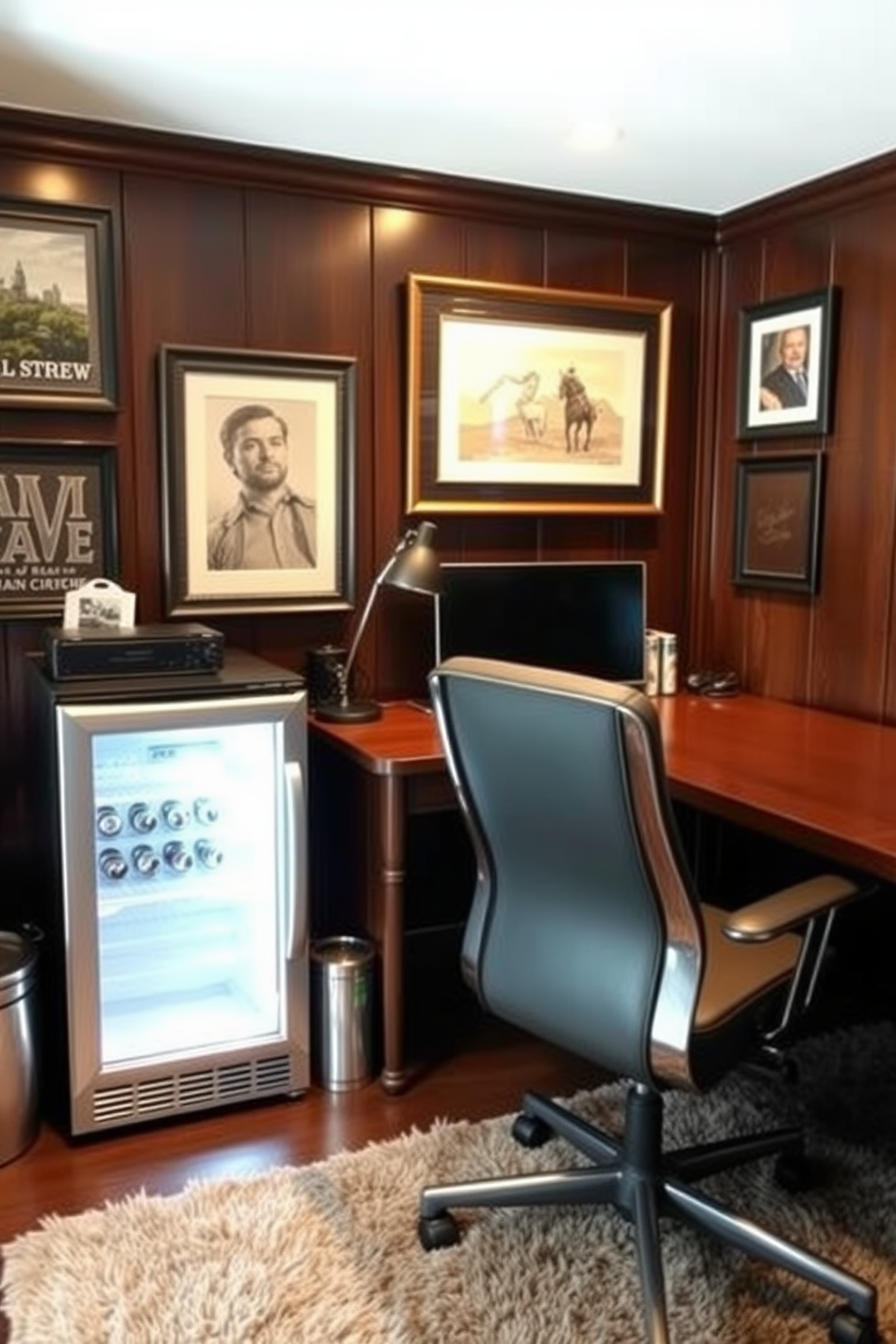 A stylish man cave office setting featuring a sleek wooden desk with a comfortable ergonomic chair. A mini fridge is conveniently placed beside the desk, allowing for easy access to refreshments during work hours. The walls are adorned with dark wood paneling and framed artwork that reflects personal interests. Soft ambient lighting creates a cozy atmosphere, while a plush area rug adds warmth to the space.