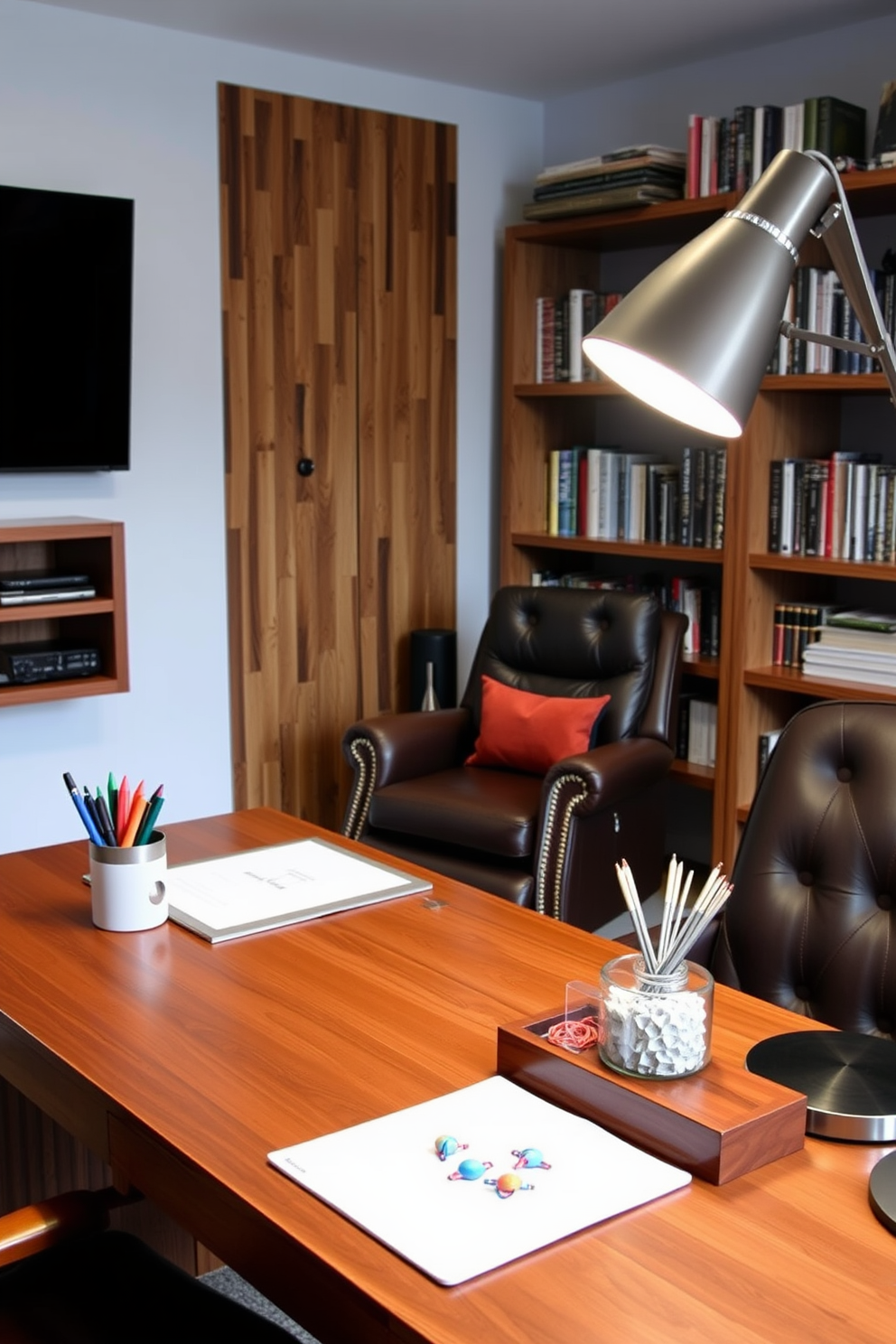 Stylish desk accessories for organization. A sleek wooden desk is adorned with a minimalist pen holder, a decorative tray for paperclips, and a modern desk lamp with a warm glow. Man Cave Office Design Ideas. The space features a comfortable leather recliner, a rustic wooden bookshelf filled with books, and a large wall-mounted TV for entertainment.