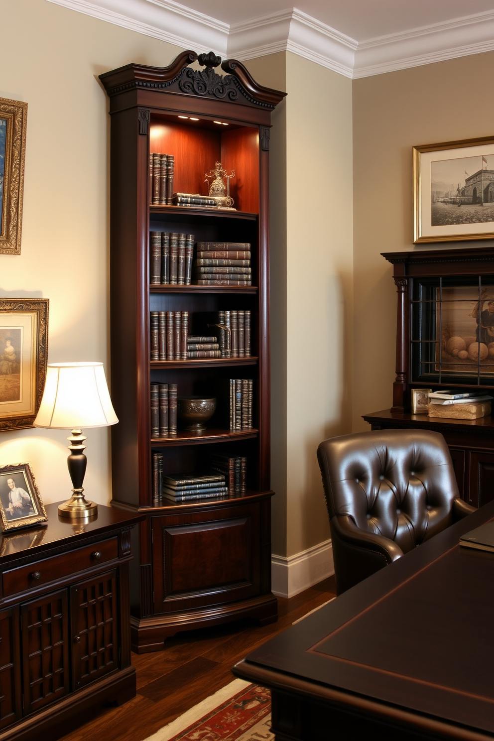 A classic bookshelf made of rich mahogany wood stands against the wall, filled with an array of leather-bound books and decorative objects. Soft lighting from a nearby lamp casts a warm glow, highlighting the intricate carvings on the shelf. The man cave office features a dark wood desk with a leather chair, creating a sophisticated workspace. Vintage decor elements like framed art and a rustic rug add character to the space, making it a perfect blend of comfort and style.