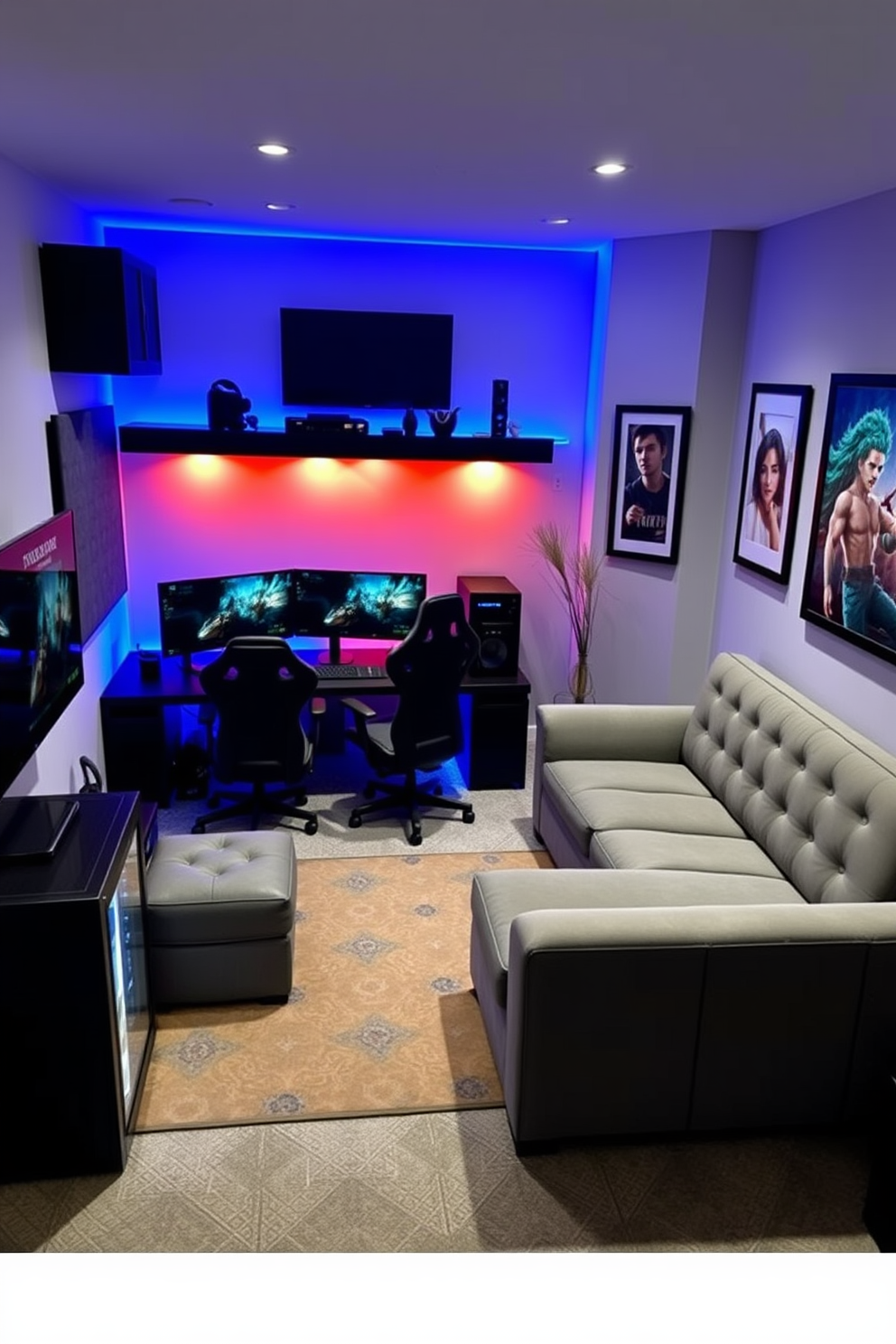 A stylish man cave office that combines comfort and functionality. The room features a sleek gaming desk with dual monitors and a high-end gaming chair, surrounded by ambient LED lighting. On one side, a plush sectional sofa invites relaxation, while a wall-mounted flat-screen TV provides entertainment. The walls are adorned with framed gaming artwork, and a mini-fridge is conveniently placed nearby for snacks and drinks.