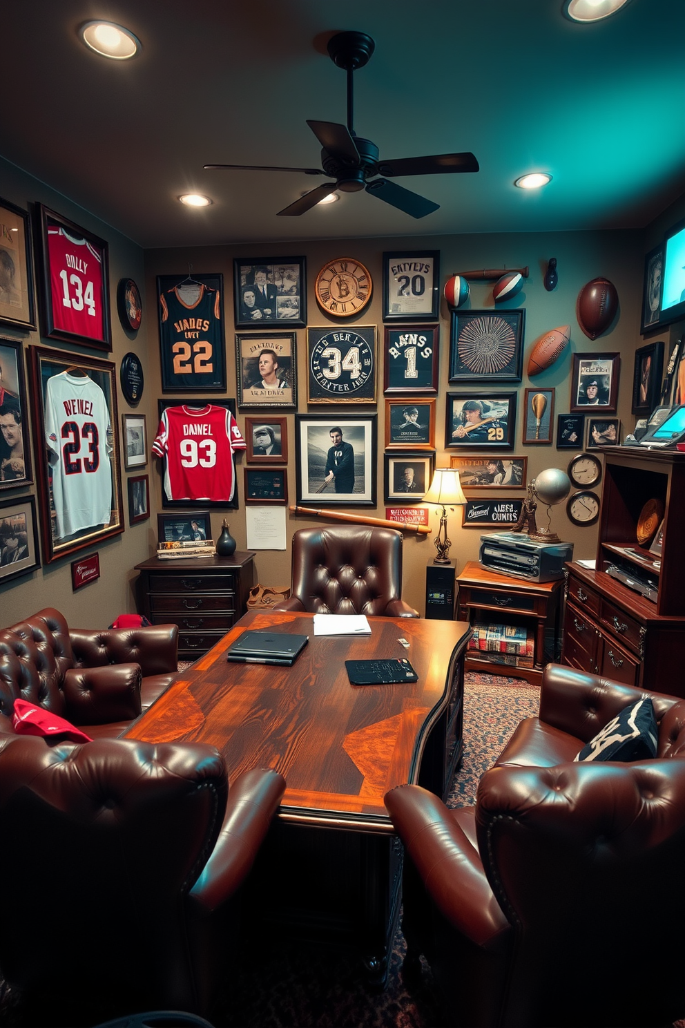 A cozy man cave office featuring vintage sports memorabilia as decor. The walls are adorned with framed jerseys, signed photographs, and classic sports equipment, creating a nostalgic atmosphere. A large wooden desk sits in the center, surrounded by comfortable leather seating. Soft ambient lighting highlights the memorabilia while providing a warm and inviting workspace.