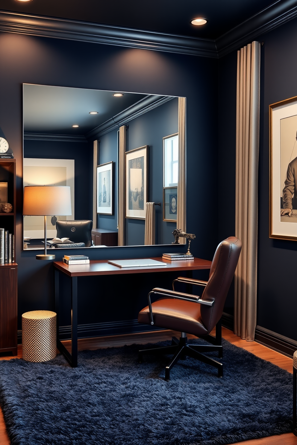 A stylish man cave office with a sleek desk positioned against a wall featuring a large mirror that reflects natural light. The room is decorated with dark wood accents, a comfortable leather chair, and shelves filled with books and memorabilia, creating a cozy yet sophisticated atmosphere. The walls are painted in a deep navy blue, complemented by soft ambient lighting that enhances the overall design. A plush area rug anchors the space, while framed artwork adds personality and character to the room.