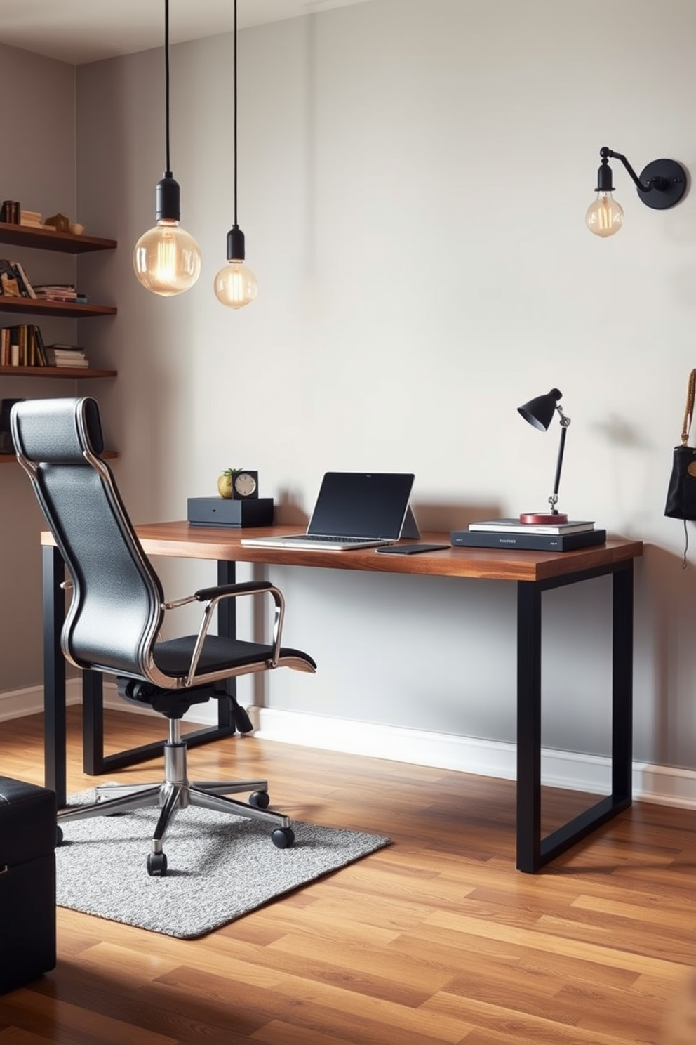 Create a stylish man cave office that combines comfort and functionality. Include a large wooden desk with a sleek metal frame and an ergonomic chair for long hours of work. Incorporate industrial lighting fixtures that add a trendy touch to the space. Use pendant lights with exposed bulbs hanging above the desk and wall sconces with a matte black finish to enhance the ambiance.