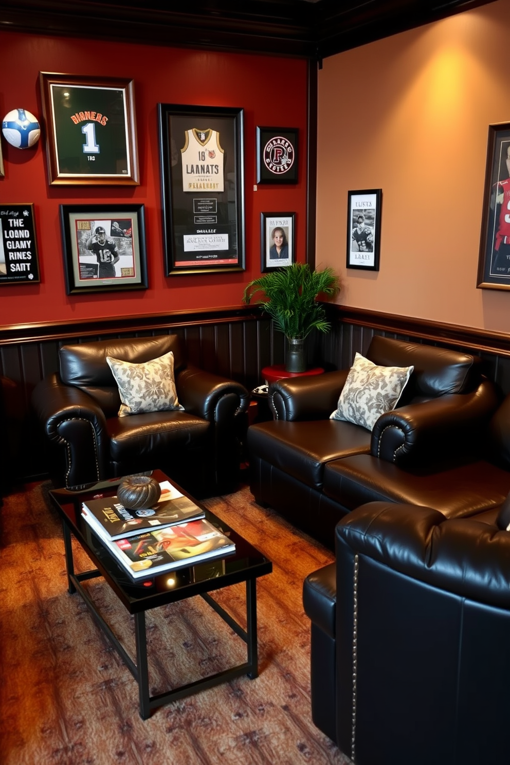 Comfortable leather seating arranged in a cozy layout, perfect for relaxation. The space features a rich color palette with dark wood accents and ambient lighting to create a warm atmosphere. A stylish coffee table sits in front of the seating, adorned with magazines and a decorative bowl. The walls are decorated with framed sports memorabilia and artwork that reflects personal interests.